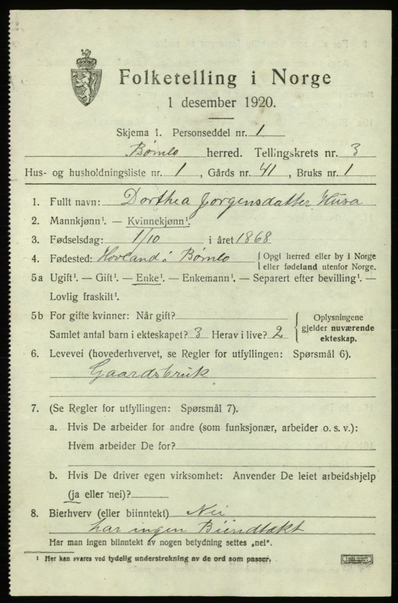 SAB, 1920 census for Bømlo, 1920, p. 2449