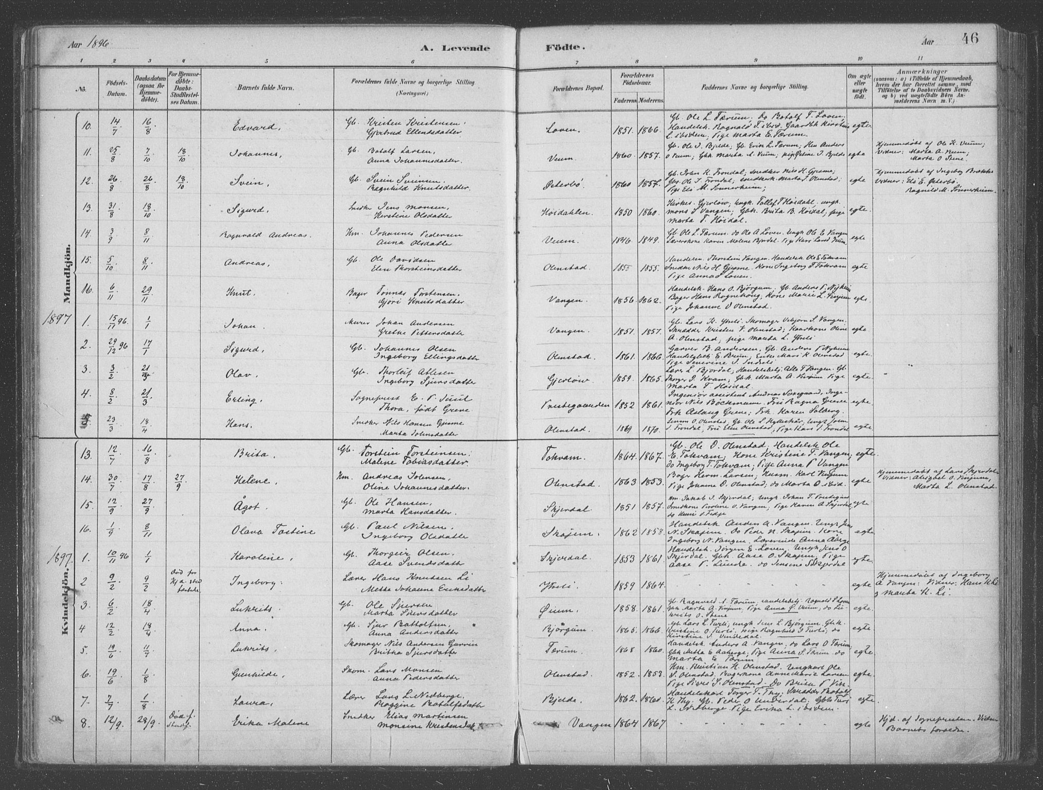 Aurland sokneprestembete, SAB/A-99937/H/Ha/Hab/L0001: Parish register (official) no. B  1, 1880-1909, p. 46