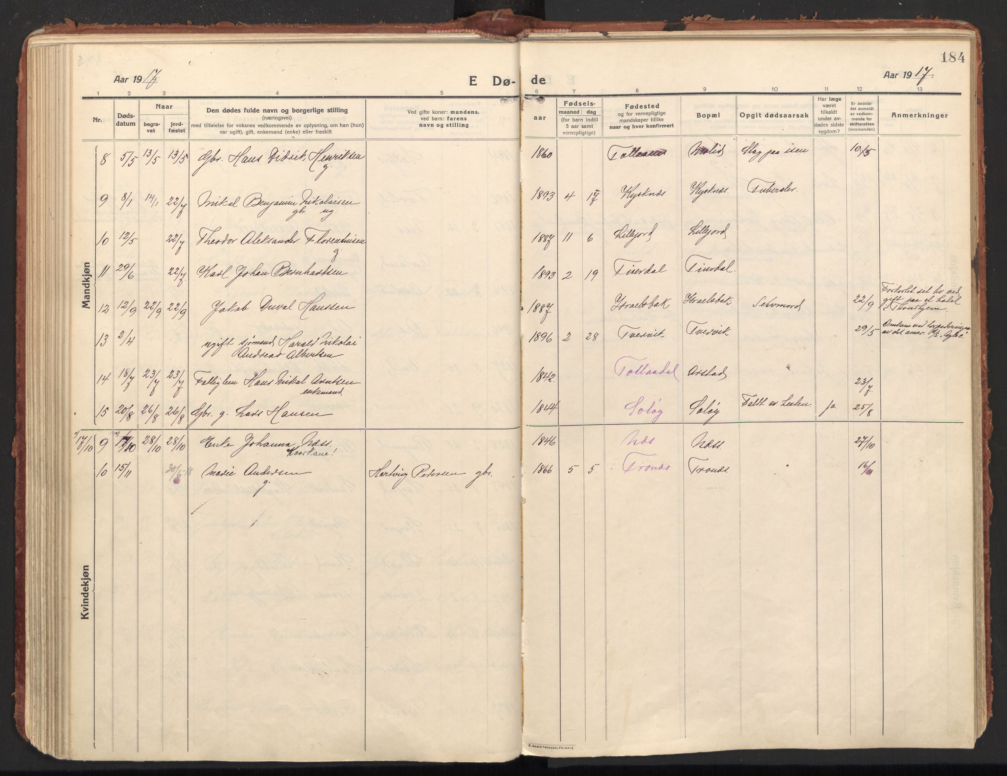 Ministerialprotokoller, klokkerbøker og fødselsregistre - Nordland, SAT/A-1459/846/L0650: Parish register (official) no. 846A08, 1916-1935, p. 184