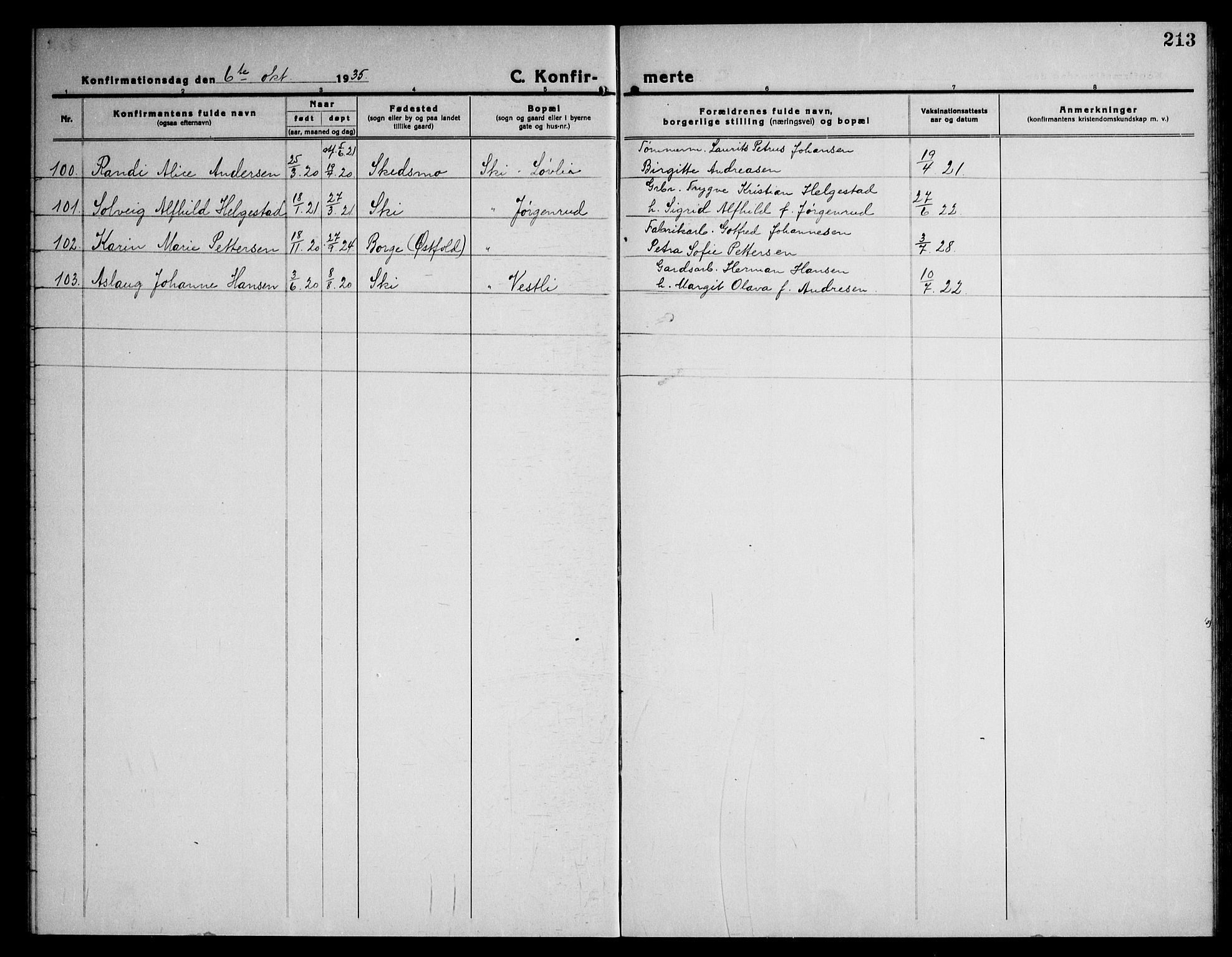 Kråkstad prestekontor Kirkebøker, AV/SAO-A-10125a/G/Gb/L0002: Parish register (copy) no. II 2, 1921-1941, p. 213