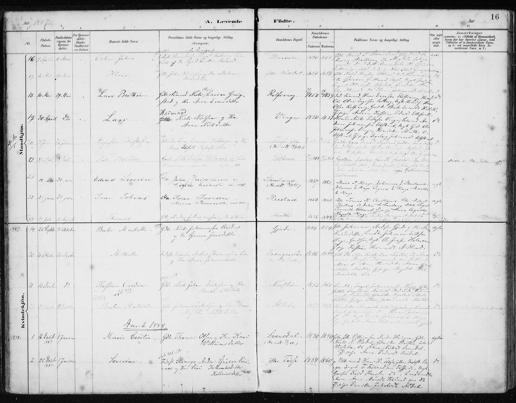 Samnanger Sokneprestembete, AV/SAB-A-77501/H/Haa: Parish register (official) no. A 1, 1885-1901, p. 16