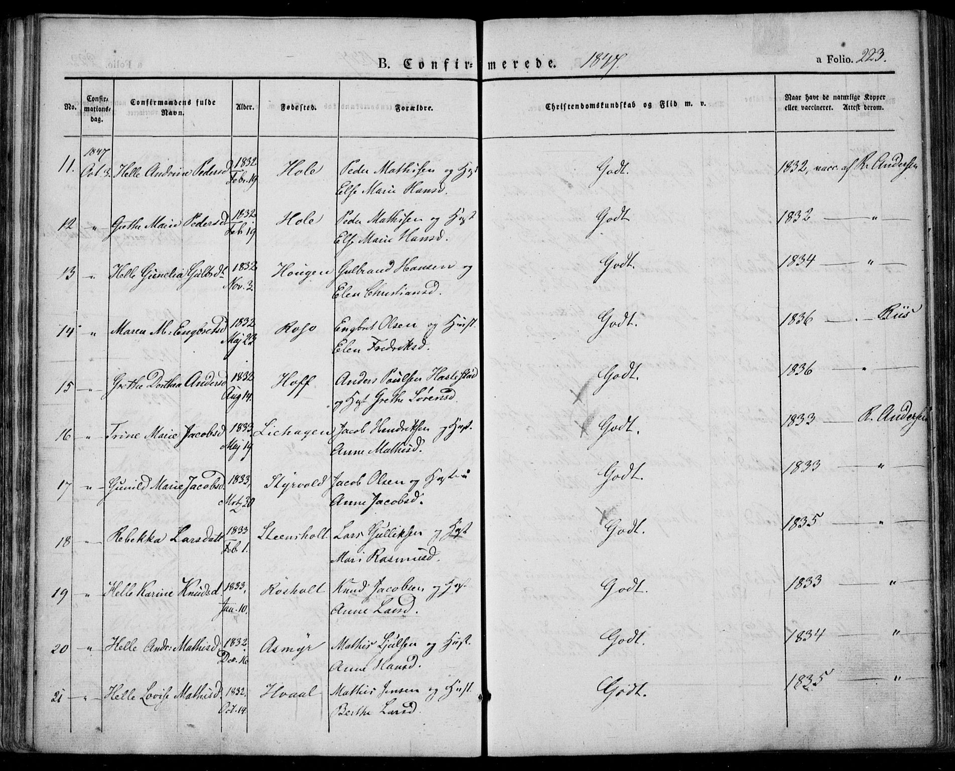 Lardal kirkebøker, AV/SAKO-A-350/F/Fa/L0006: Parish register (official) no. I 6, 1835-1860, p. 223