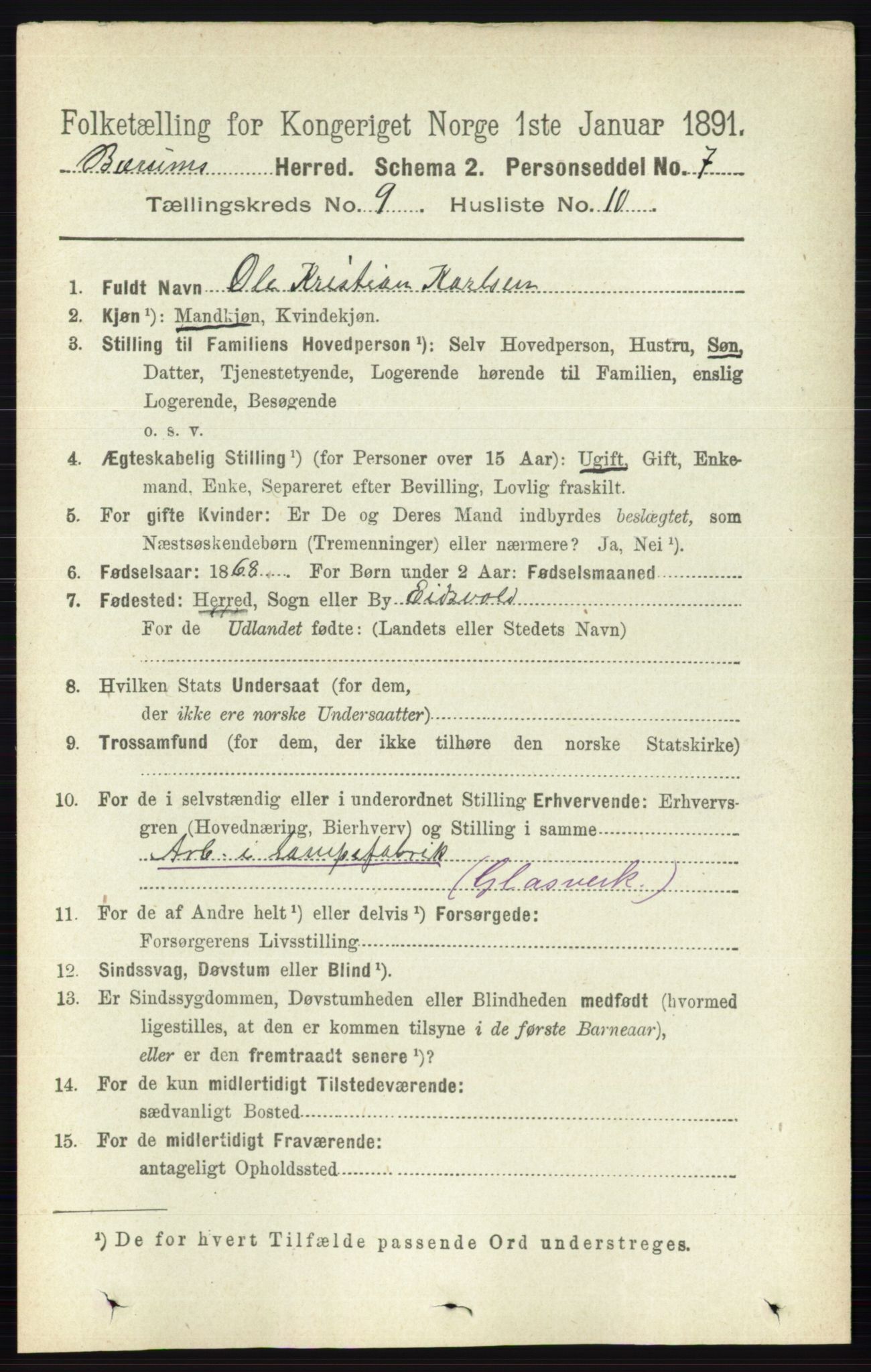 RA, 1891 census for 0219 Bærum, 1891, p. 5218