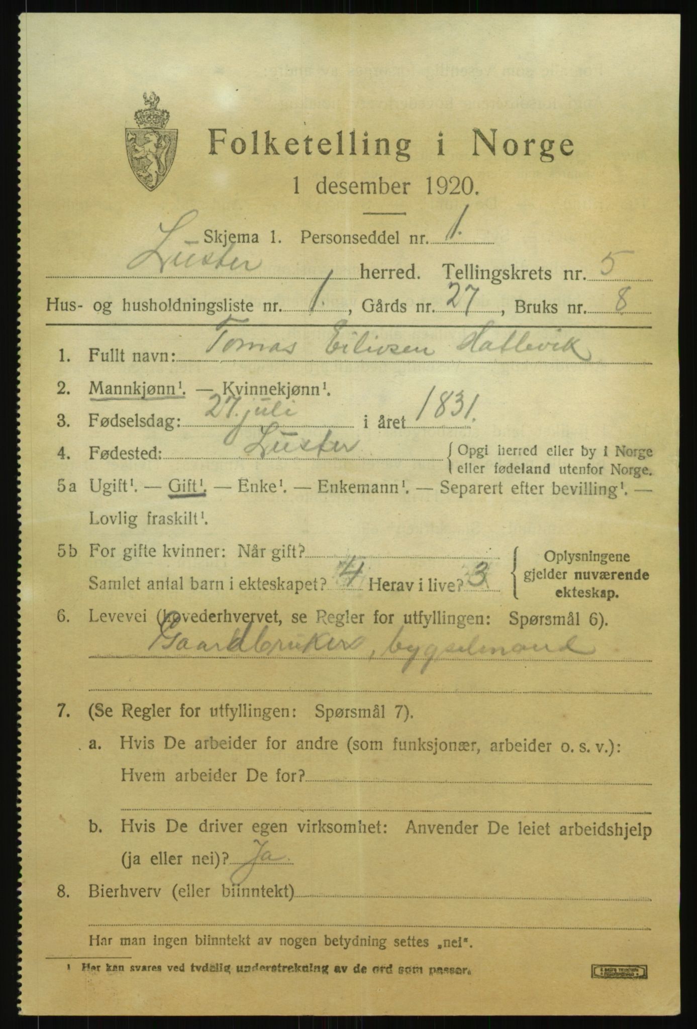 SAB, 1920 census for Luster, 1920, p. 3144