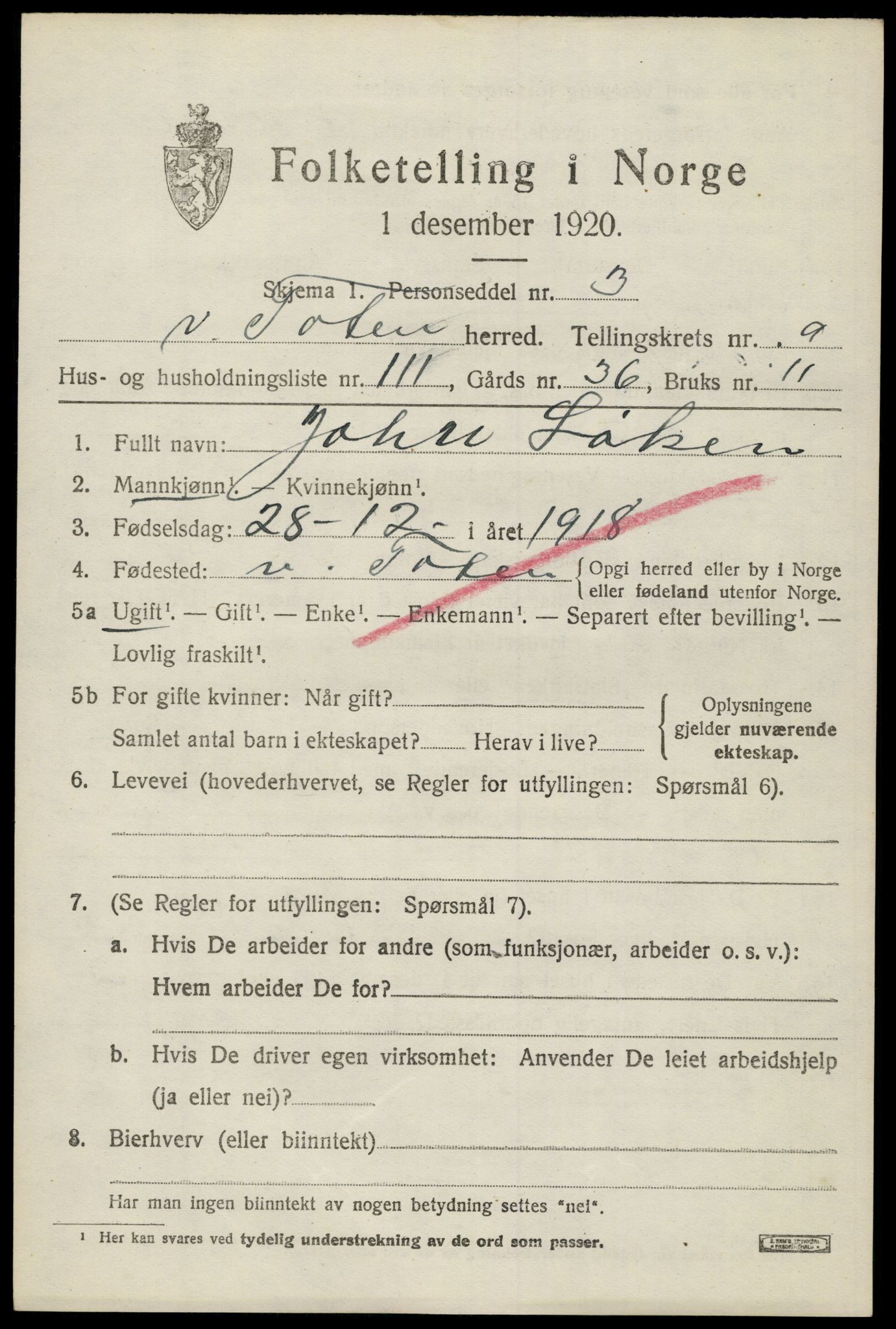 SAH, 1920 census for Vestre Toten, 1920, p. 13000