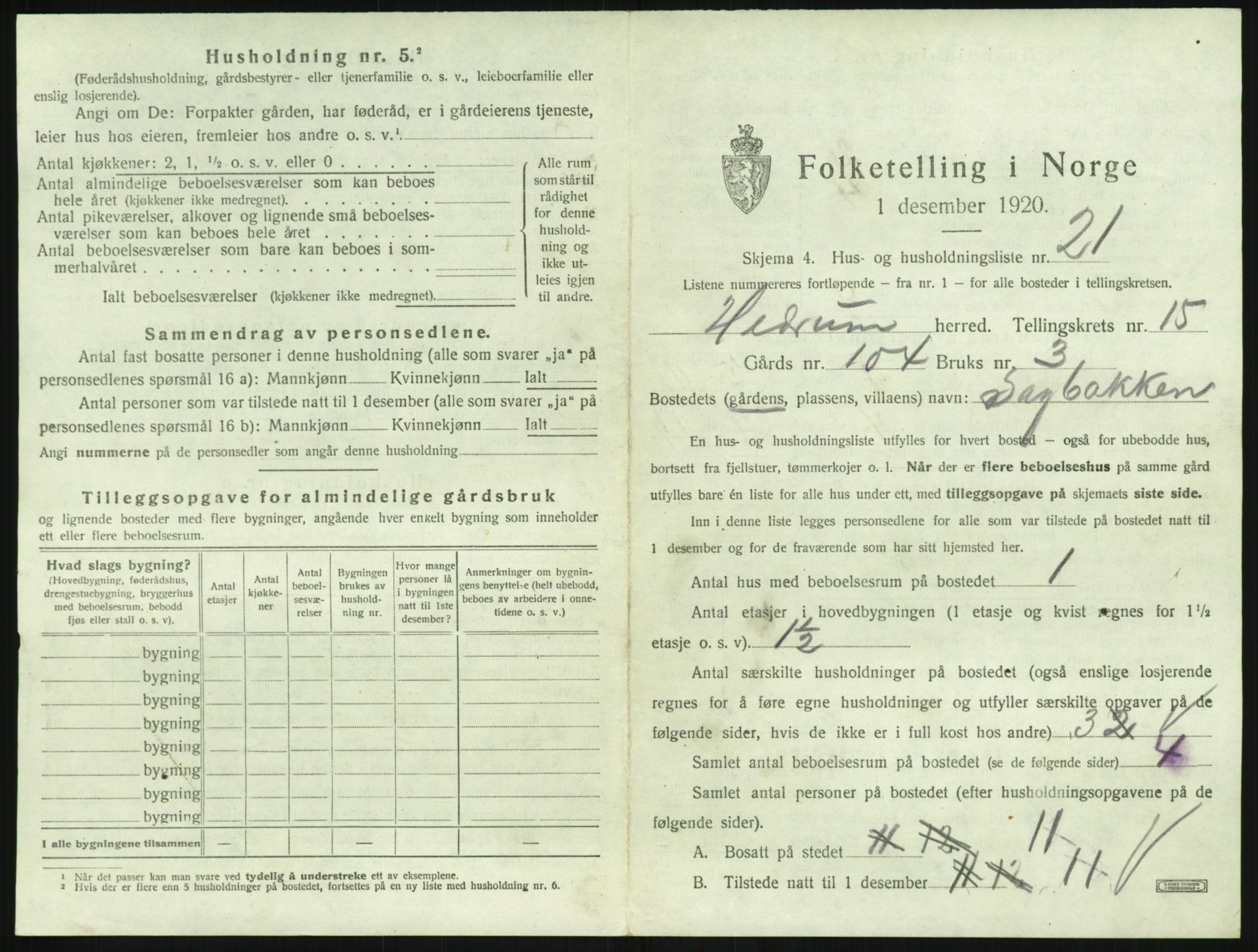 SAKO, 1920 census for Hedrum, 1920, p. 1453
