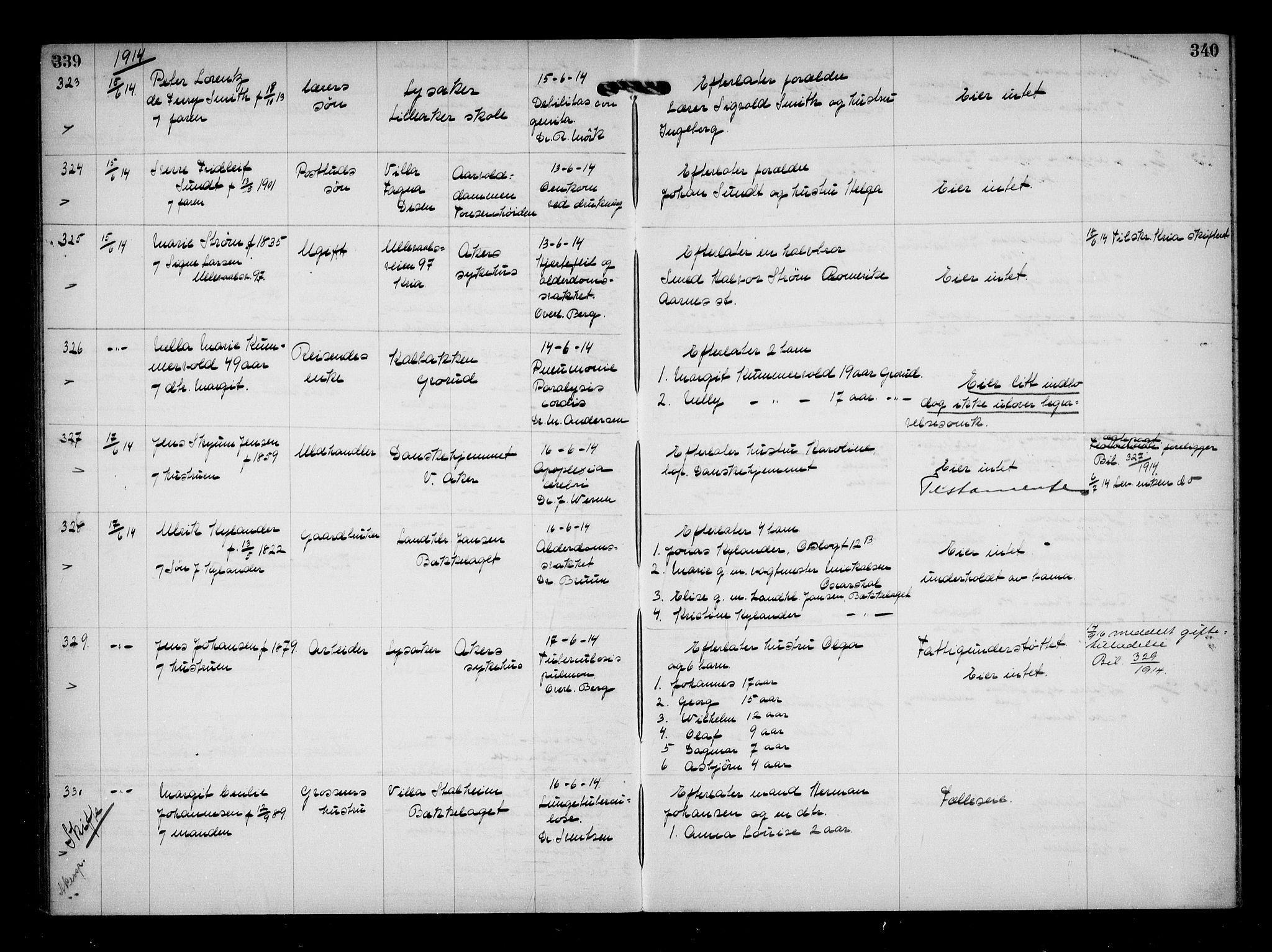 Aker kriminaldommer, skifte- og auksjonsforvalterembete, AV/SAO-A-10452/H/Hb/Hba/Hbaa/L0003: Dødsfallsprotokoll, 1912-1914, p. 339-340