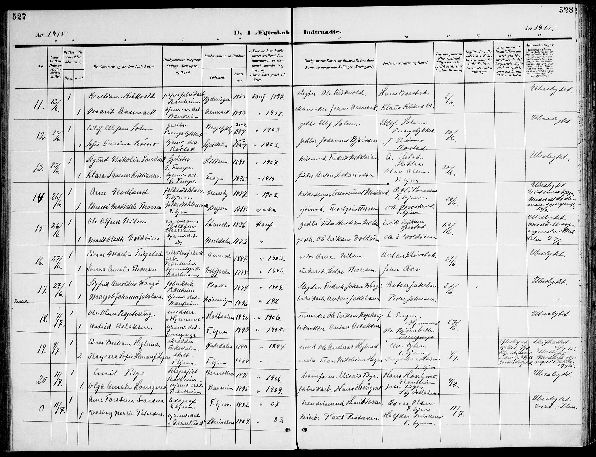 Ministerialprotokoller, klokkerbøker og fødselsregistre - Sør-Trøndelag, SAT/A-1456/607/L0320: Parish register (official) no. 607A04, 1907-1915, p. 527-528