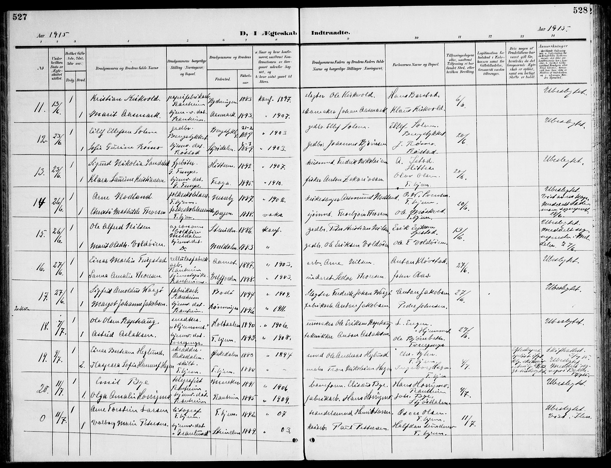 Ministerialprotokoller, klokkerbøker og fødselsregistre - Sør-Trøndelag, AV/SAT-A-1456/607/L0320: Parish register (official) no. 607A04, 1907-1915, p. 527-528