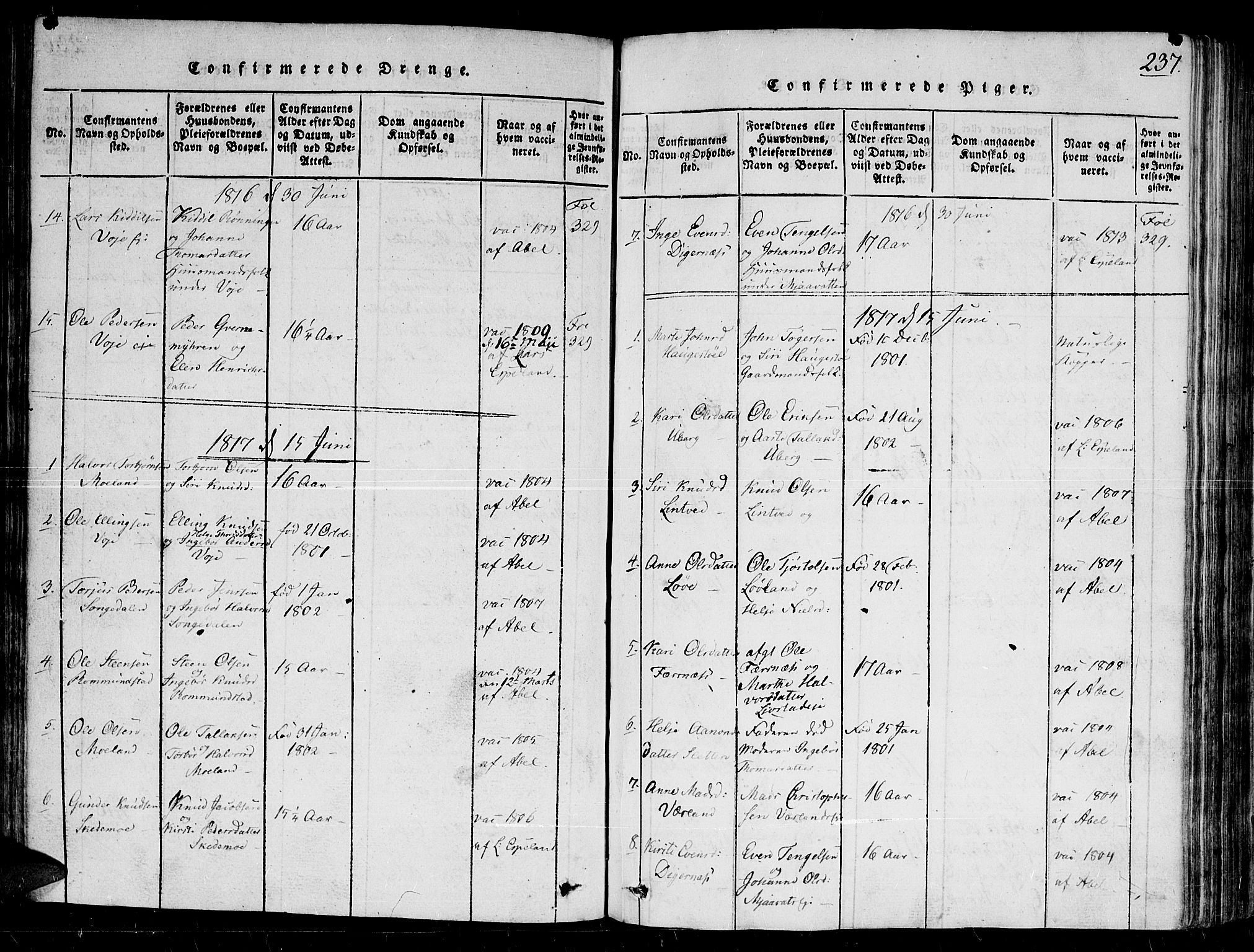 Gjerstad sokneprestkontor, AV/SAK-1111-0014/F/Fb/Fbb/L0001: Parish register (copy) no. B 1, 1813-1863, p. 237