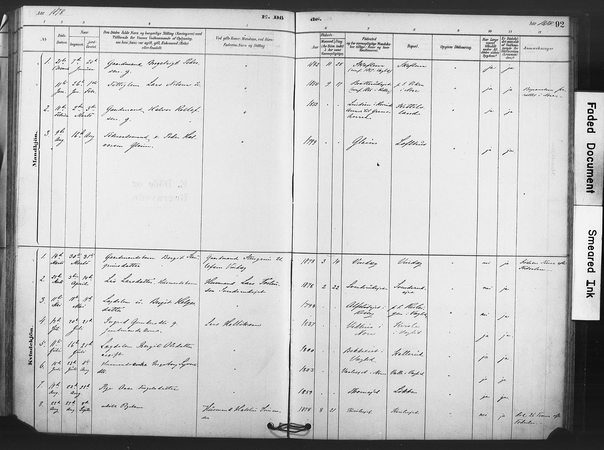 Rollag kirkebøker, SAKO/A-240/F/Fb/L0001: Parish register (official) no. II 1, 1878-1899, p. 92
