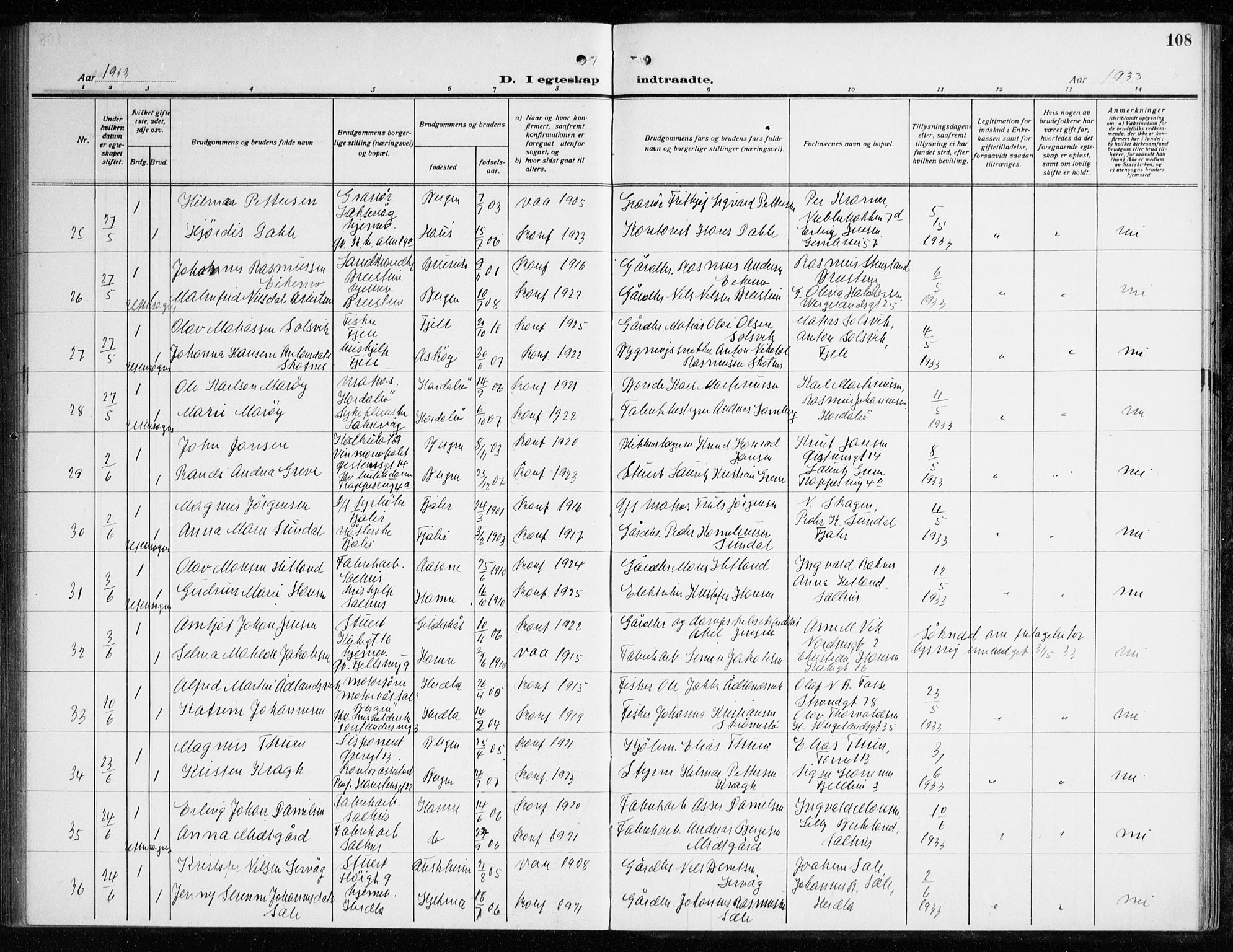 Korskirken sokneprestembete, AV/SAB-A-76101/H/Haa/L0039: Parish register (official) no. D 6, 1919-1938, p. 108