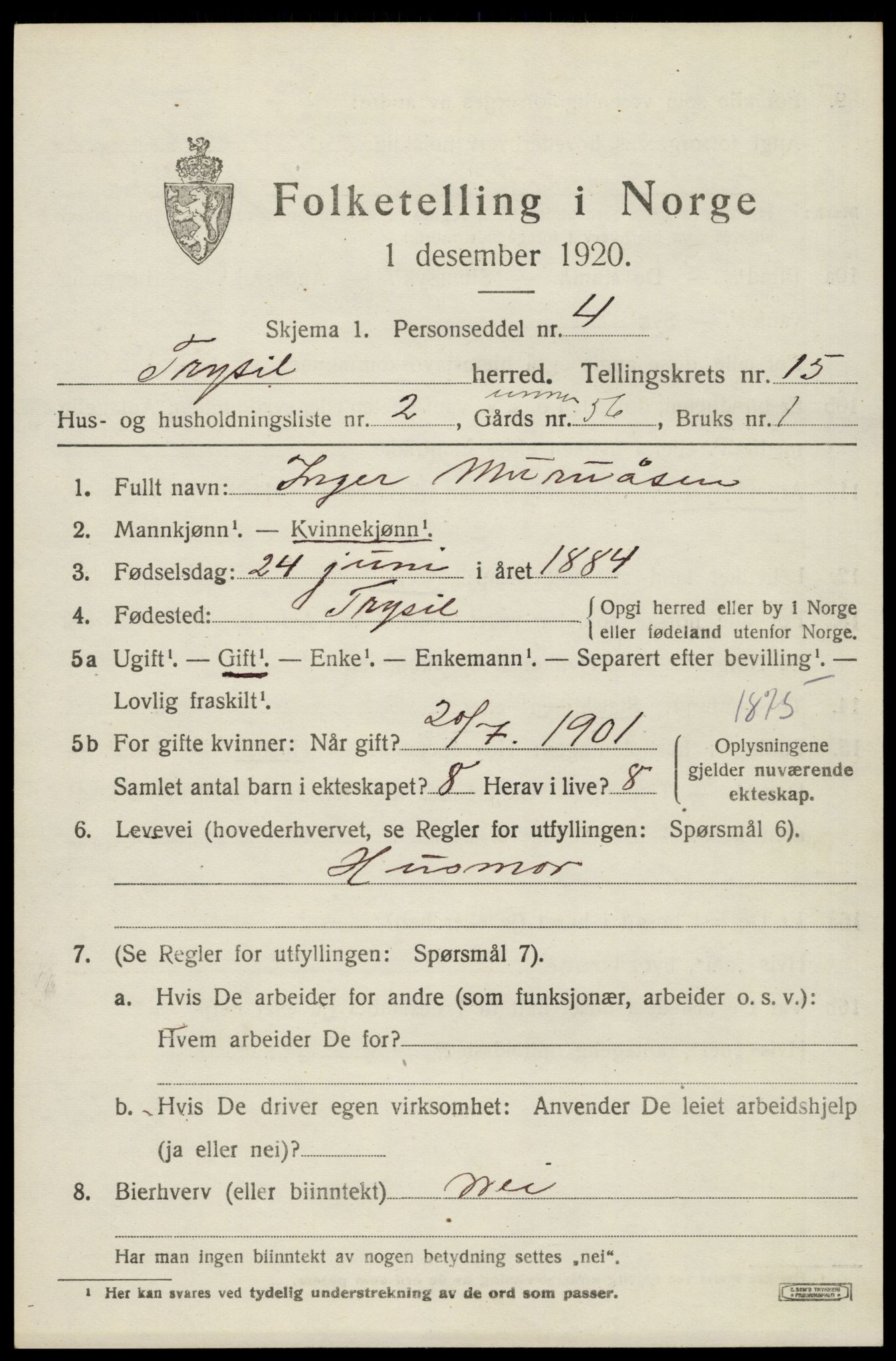 SAH, 1920 census for Trysil, 1920, p. 8803