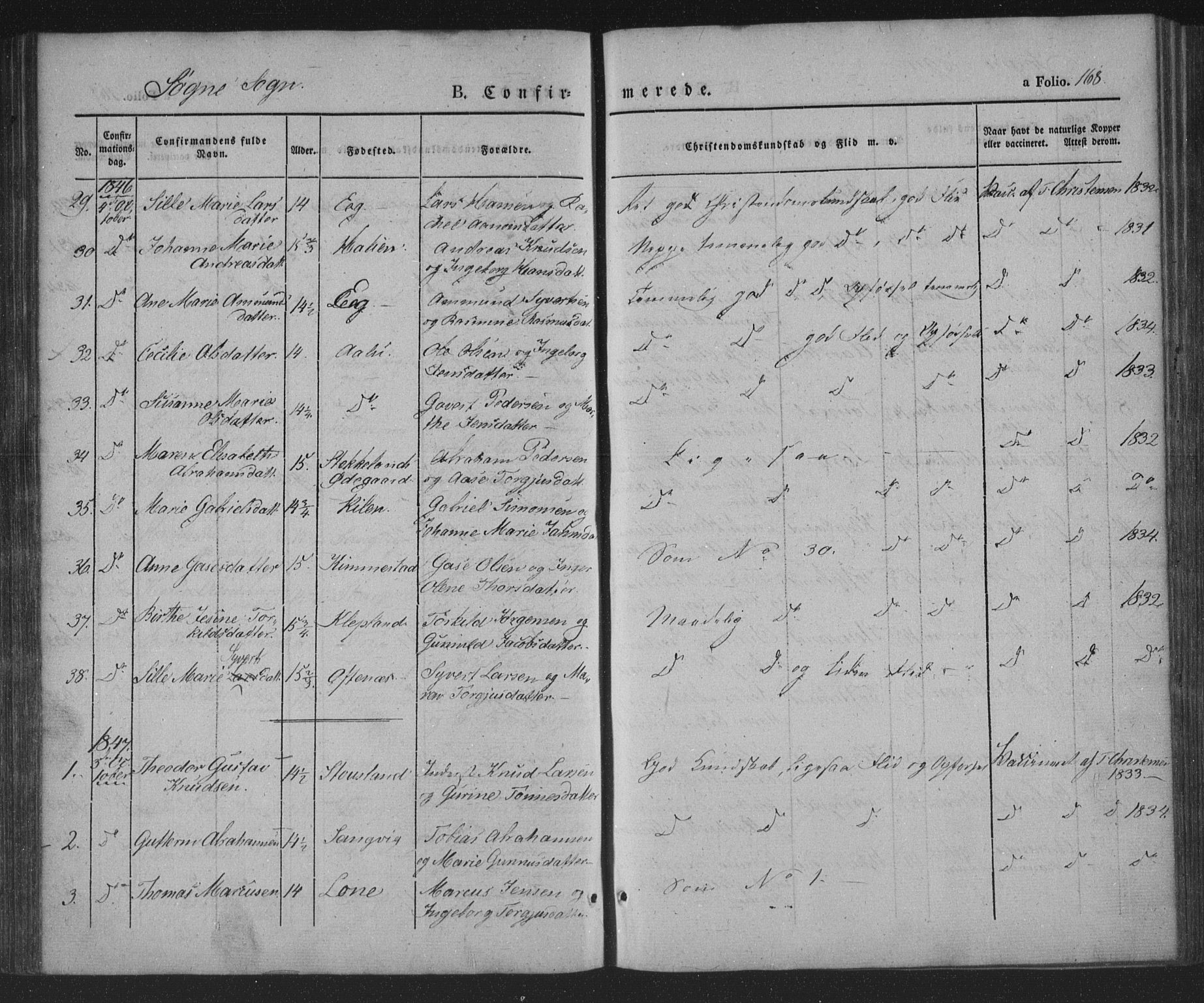 Søgne sokneprestkontor, AV/SAK-1111-0037/F/Fa/Fab/L0009: Parish register (official) no. A 9, 1838-1853, p. 168