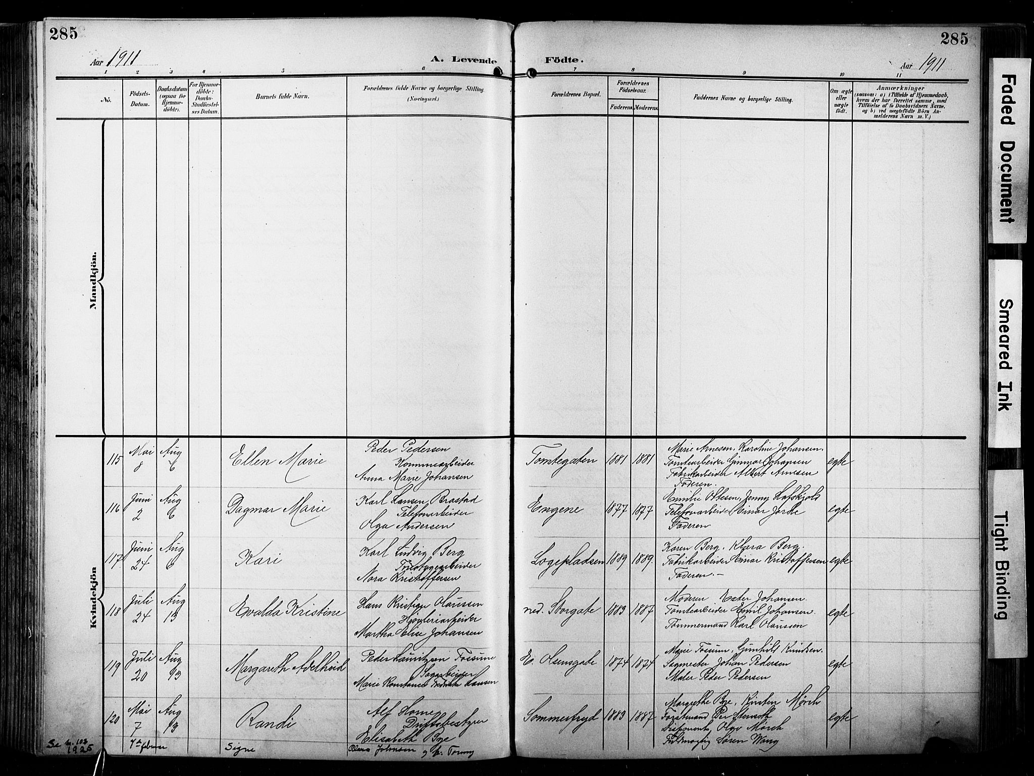 Bragernes kirkebøker, SAKO/A-6/F/Fb/L0009: Parish register (official) no. II 9, 1902-1911, p. 285