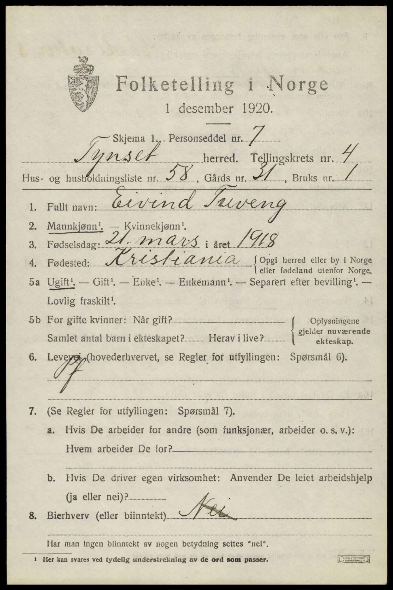 SAH, 1920 census for Tynset, 1920, p. 3944