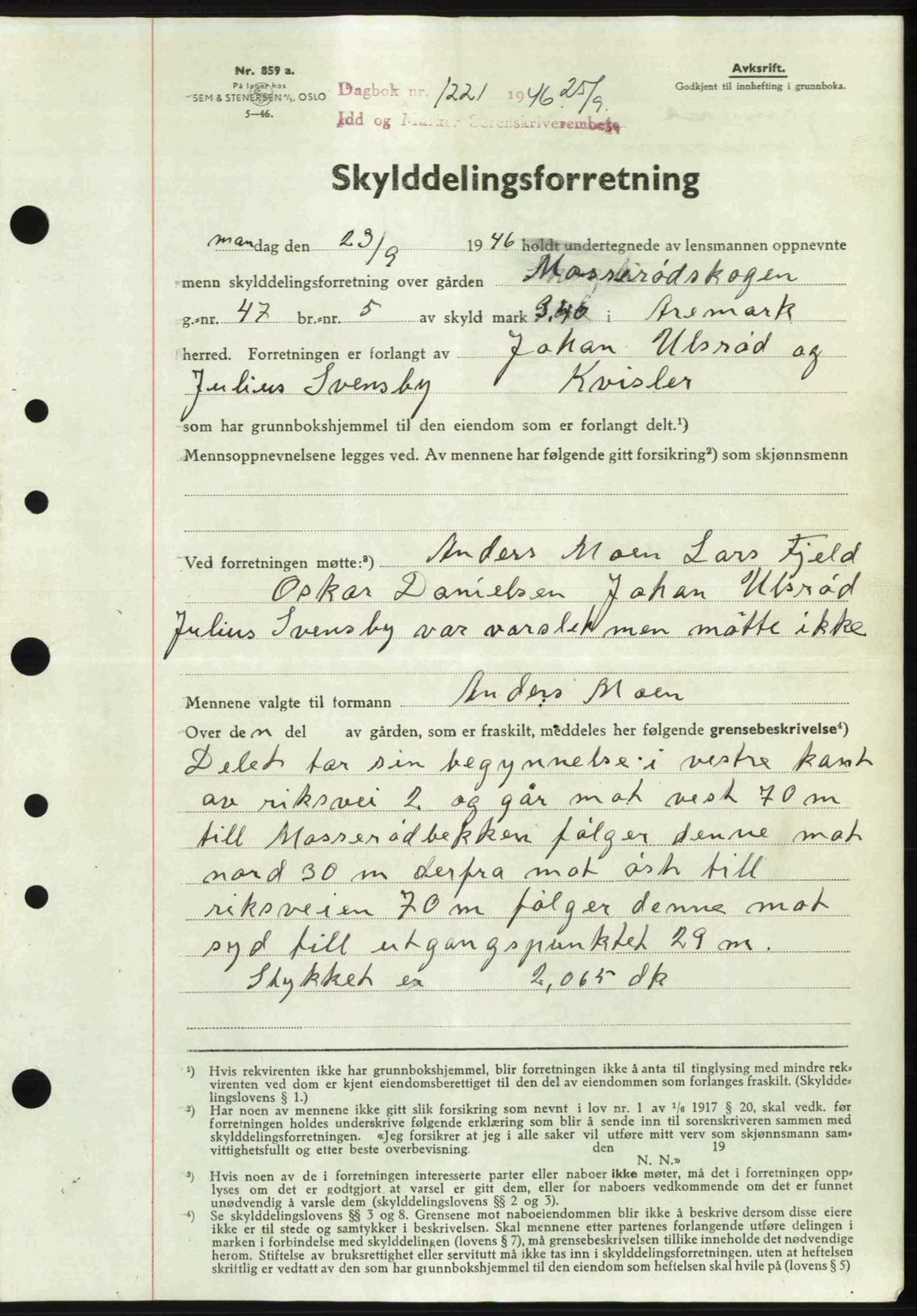 Idd og Marker sorenskriveri, AV/SAO-A-10283/G/Gb/Gbb/L0008: Mortgage book no. A8, 1946-1946, Diary no: : 1221/1946