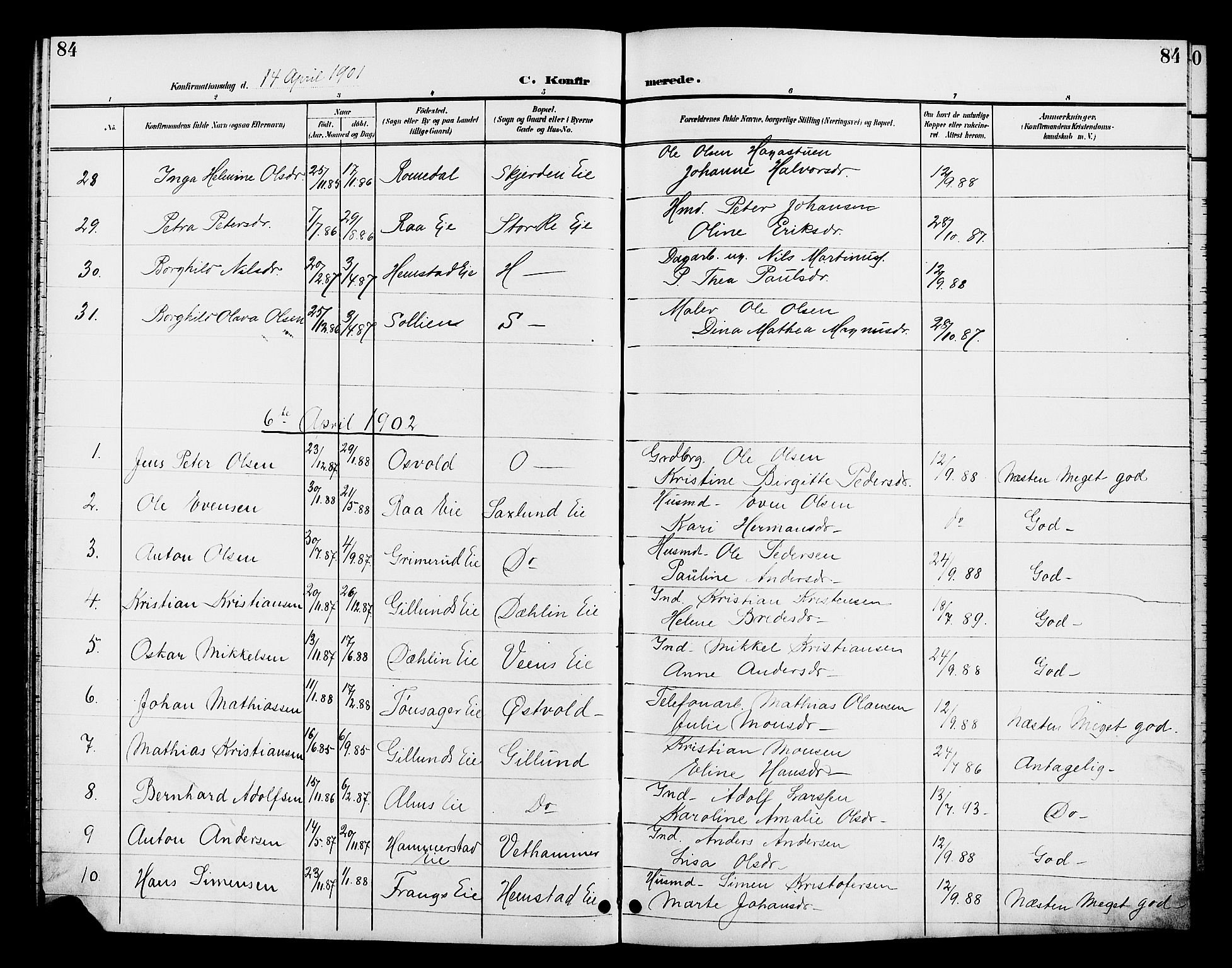 Stange prestekontor, SAH/PREST-002/L/L0012: Parish register (copy) no. 12, 1900-1908, p. 84