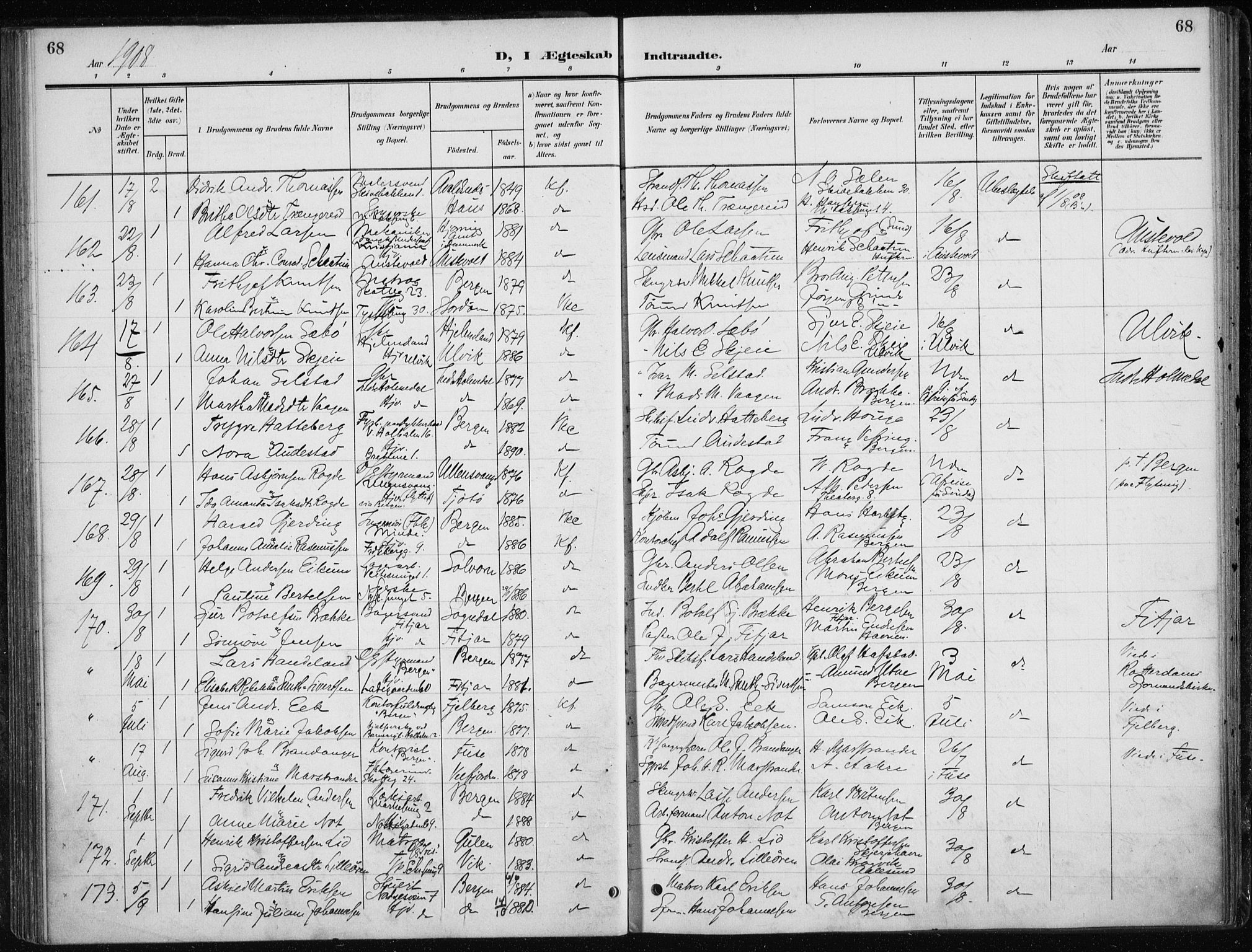 Nykirken Sokneprestembete, AV/SAB-A-77101/H/Haa/L0035: Parish register (official) no. D 5, 1905-1913, p. 68