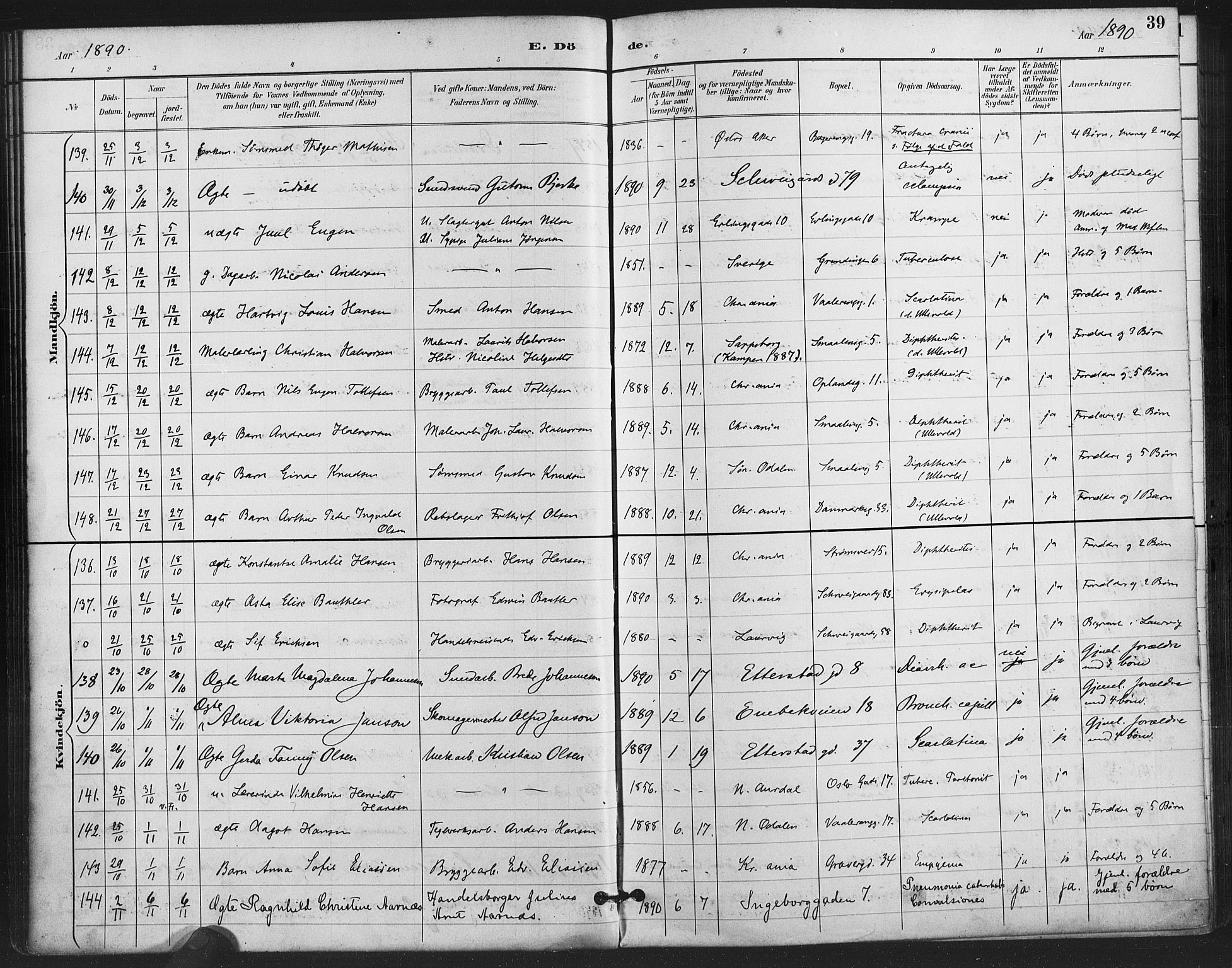 Gamlebyen prestekontor Kirkebøker, SAO/A-10884/F/Fa/L0009: Parish register (official) no. 9, 1888-1909, p. 39