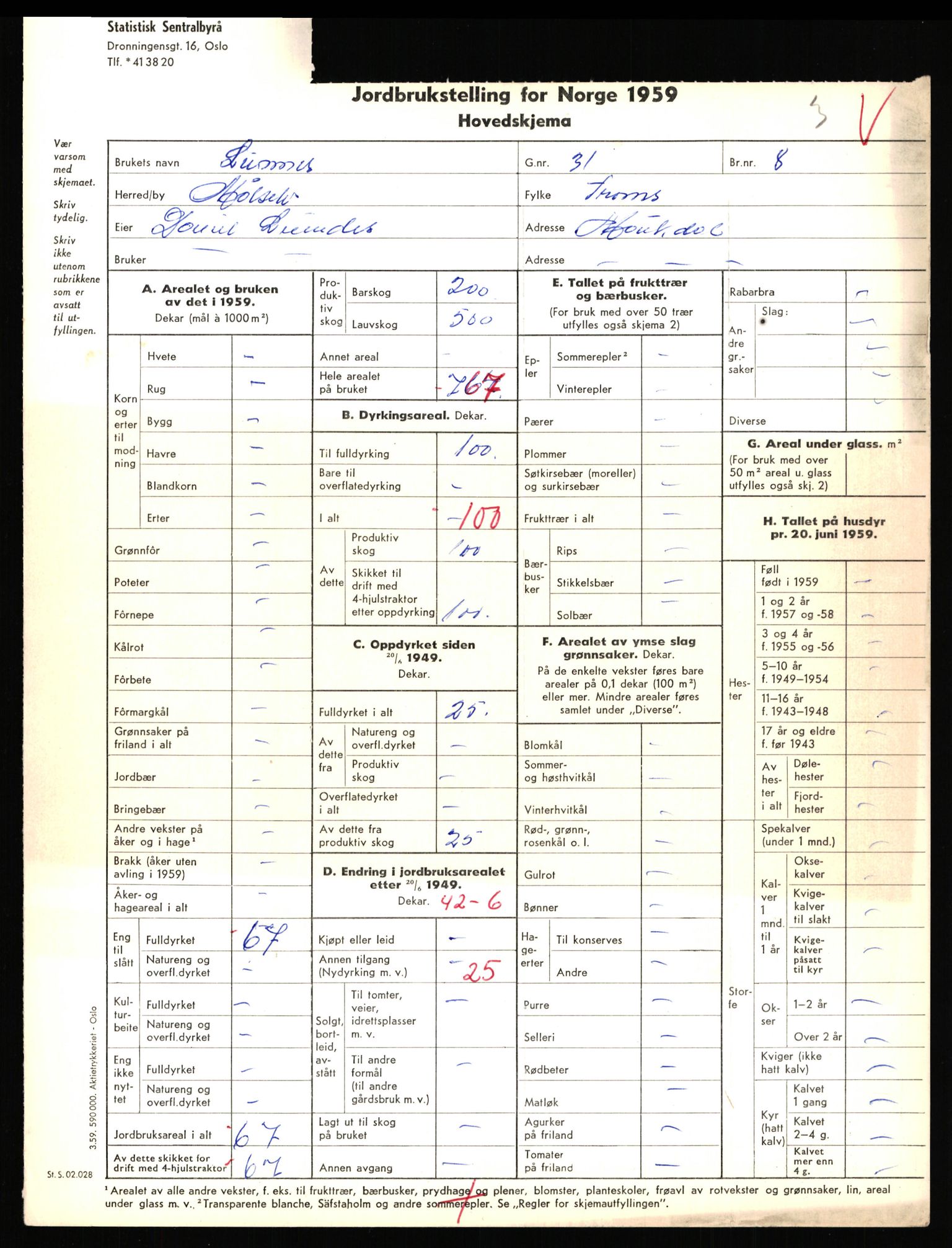 Statistisk sentralbyrå, Næringsøkonomiske emner, Jordbruk, skogbruk, jakt, fiske og fangst, AV/RA-S-2234/G/Gd/L0655: Troms: 1924 Målselv (kl. 4-10), 1959, p. 714