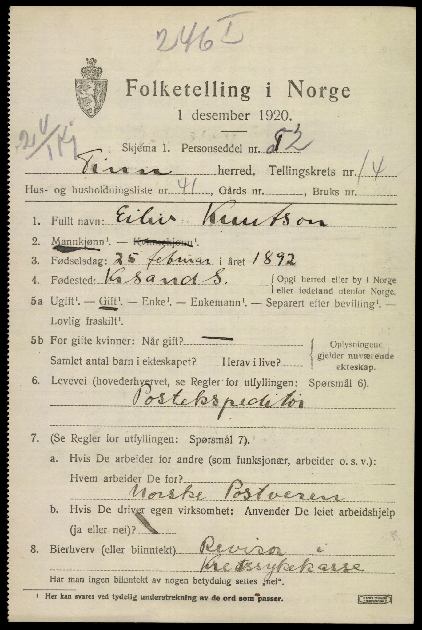 SAKO, 1920 census for Tinn, 1920, p. 9906