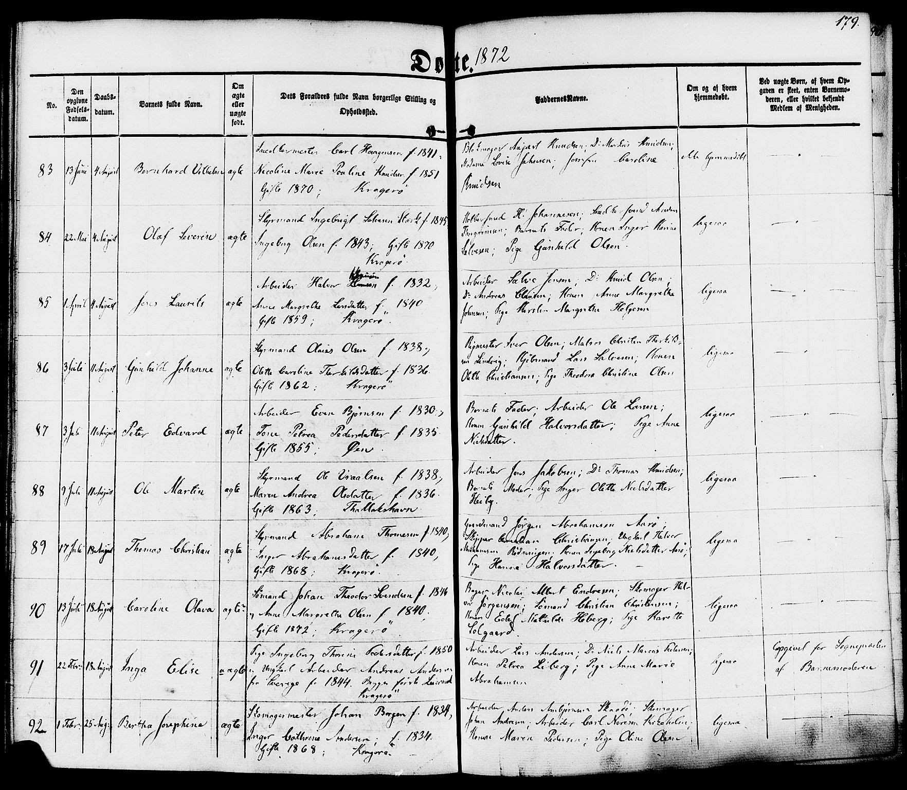 Kragerø kirkebøker, AV/SAKO-A-278/F/Fa/L0007: Parish register (official) no. 7, 1861-1875, p. 179