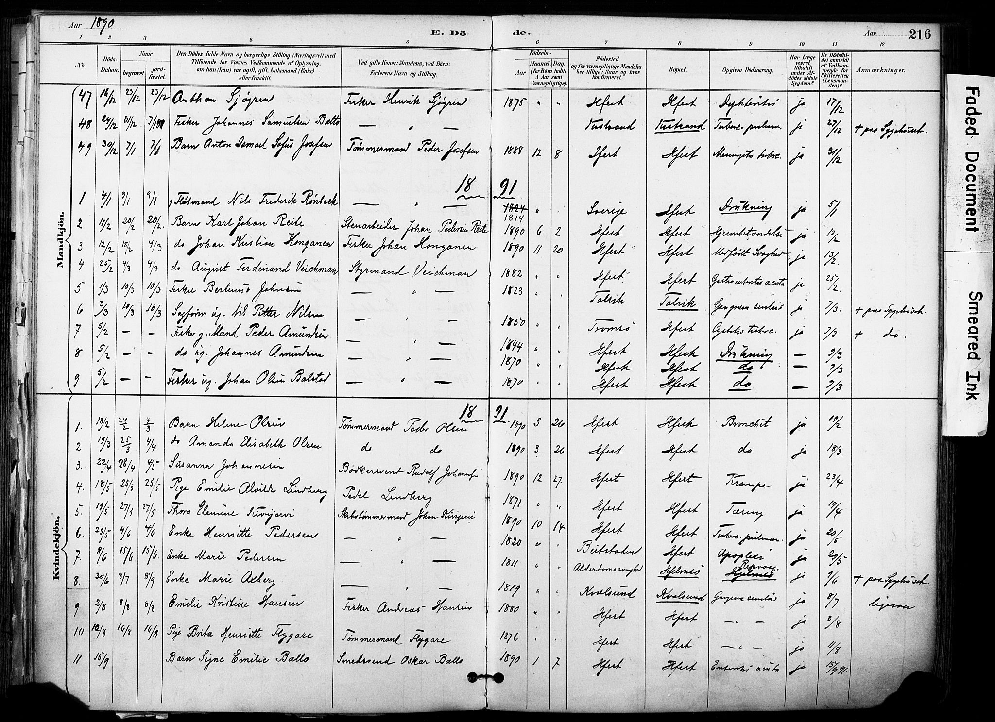 Hammerfest sokneprestkontor, SATØ/S-1347/H/Ha/L0009.kirke: Parish register (official) no. 9, 1889-1897, p. 216