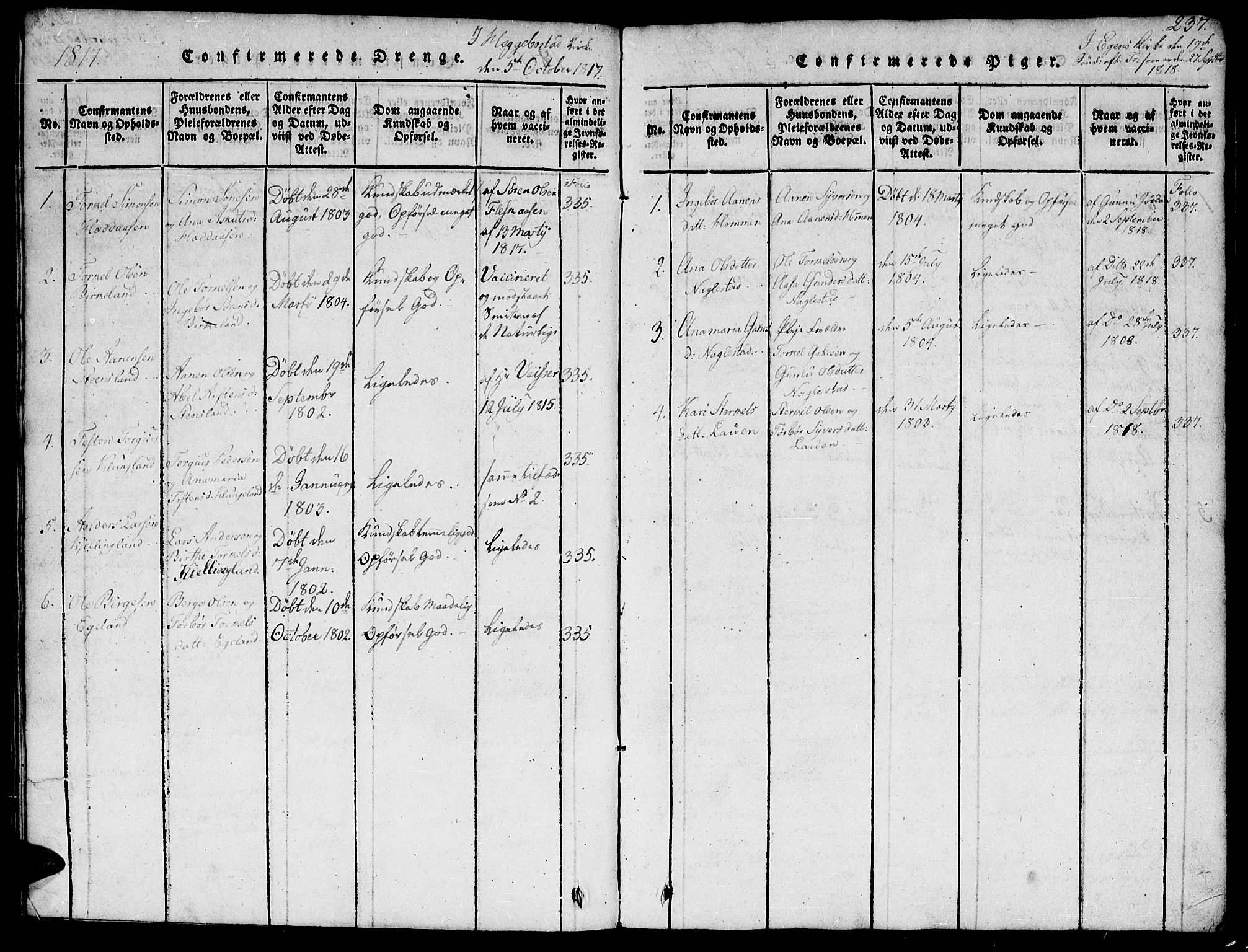 Hægebostad sokneprestkontor, AV/SAK-1111-0024/F/Fb/Fba/L0001: Parish register (copy) no. B 1, 1815-1844, p. 237