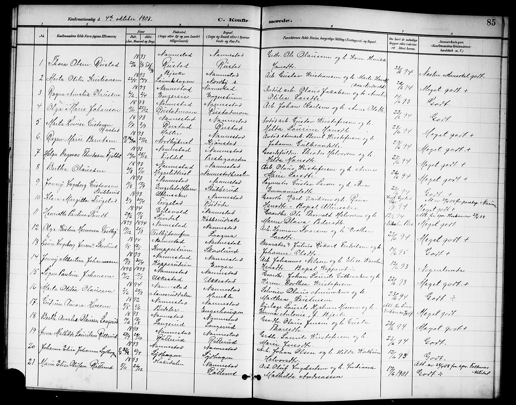 Nannestad prestekontor Kirkebøker, SAO/A-10414a/G/Ga/L0002: Parish register (copy) no. I 2, 1901-1913, p. 85