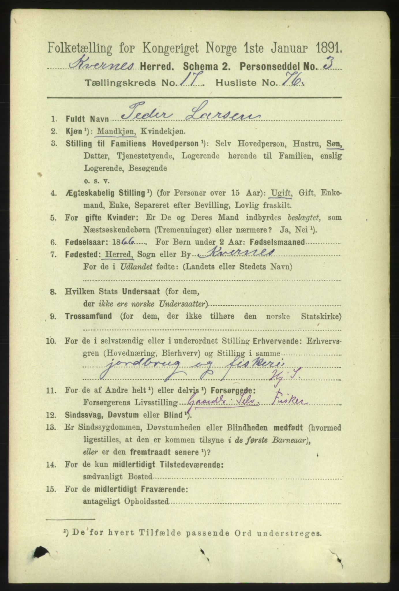 RA, 1891 census for 1553 Kvernes, 1891, p. 7650