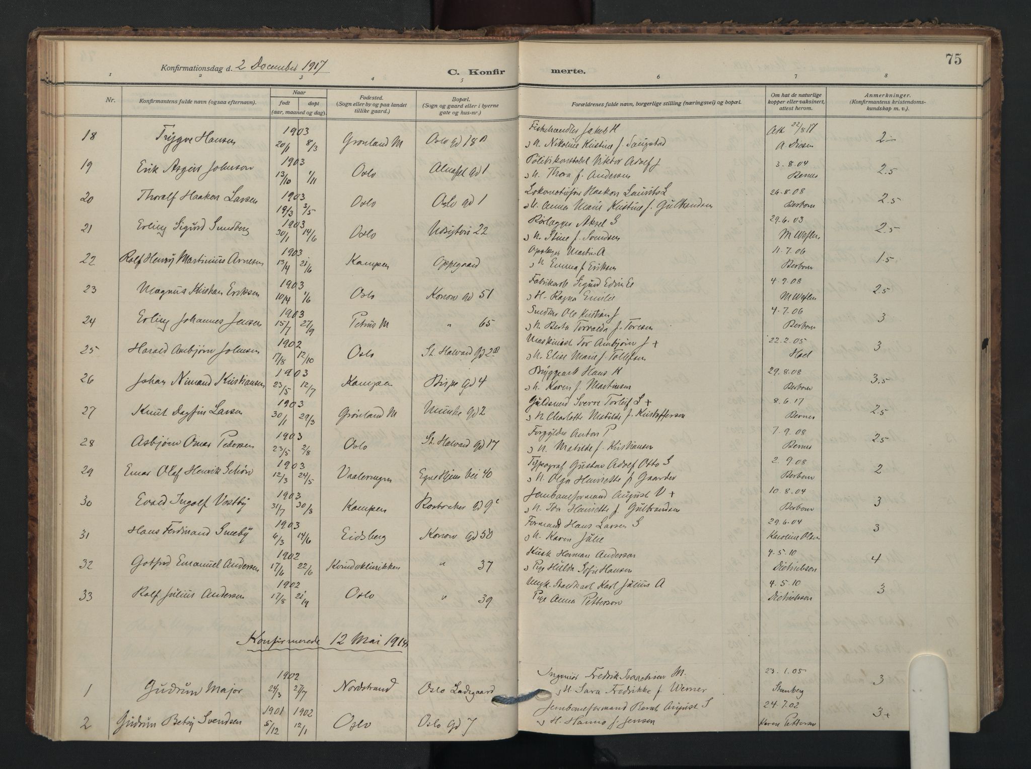 Gamlebyen prestekontor Kirkebøker, AV/SAO-A-10884/F/Fa/L0012: Parish register (official) no. 12, 1908-1941, p. 75