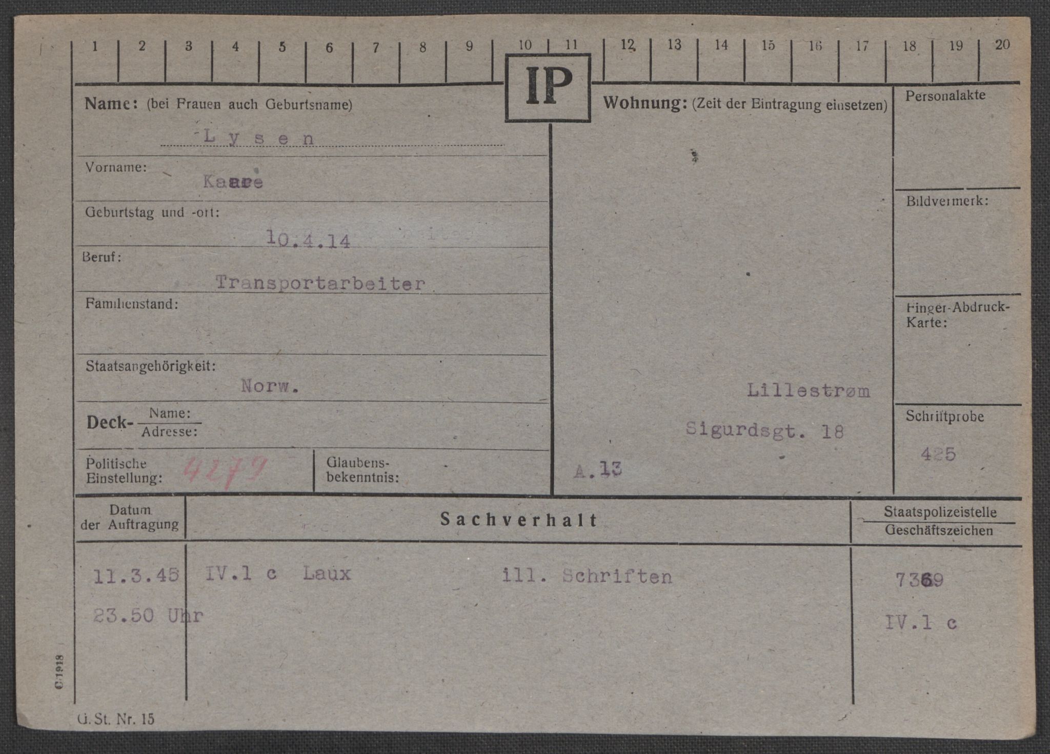 Befehlshaber der Sicherheitspolizei und des SD, AV/RA-RAFA-5969/E/Ea/Eaa/L0007: Register over norske fanger i Møllergata 19: Lundb-N, 1940-1945, p. 92