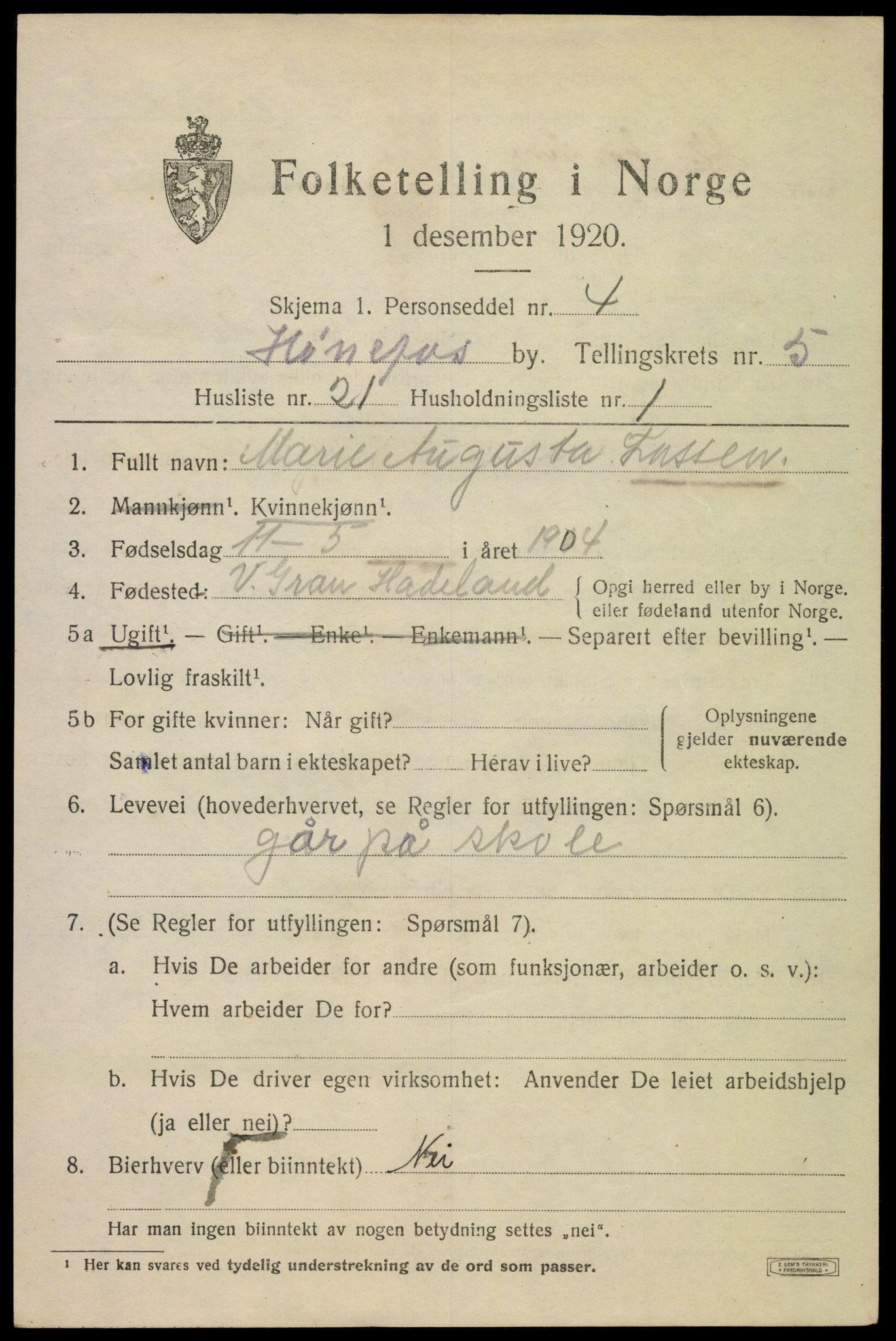 SAKO, 1920 census for Hønefoss, 1920, p. 6962