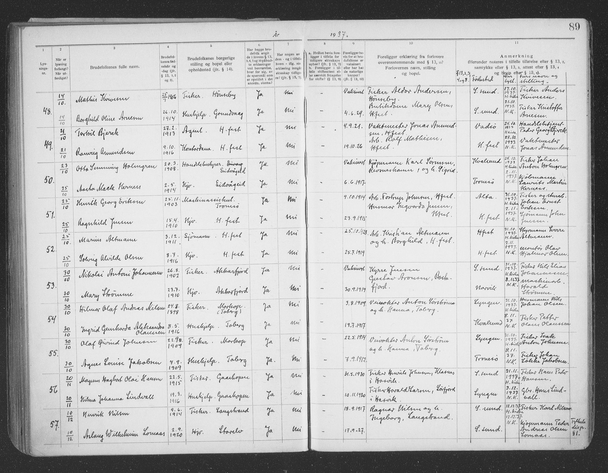 Hammerfest sokneprestkontor, AV/SATØ-S-1347/I/Ib/L0073: Banns register no. 73, 1921-1939, p. 89