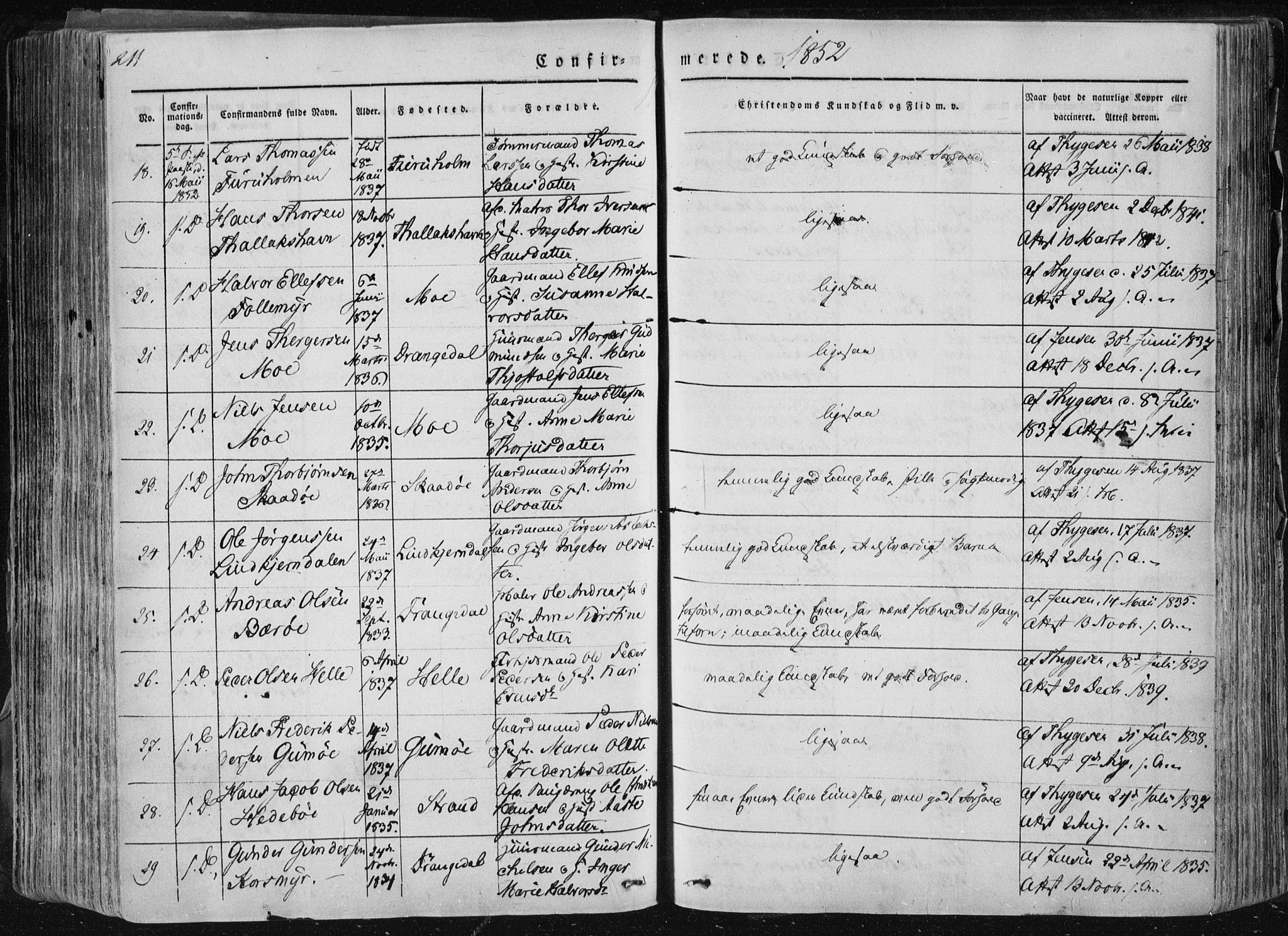 Sannidal kirkebøker, AV/SAKO-A-296/F/Fa/L0007: Parish register (official) no. 7, 1831-1854, p. 211