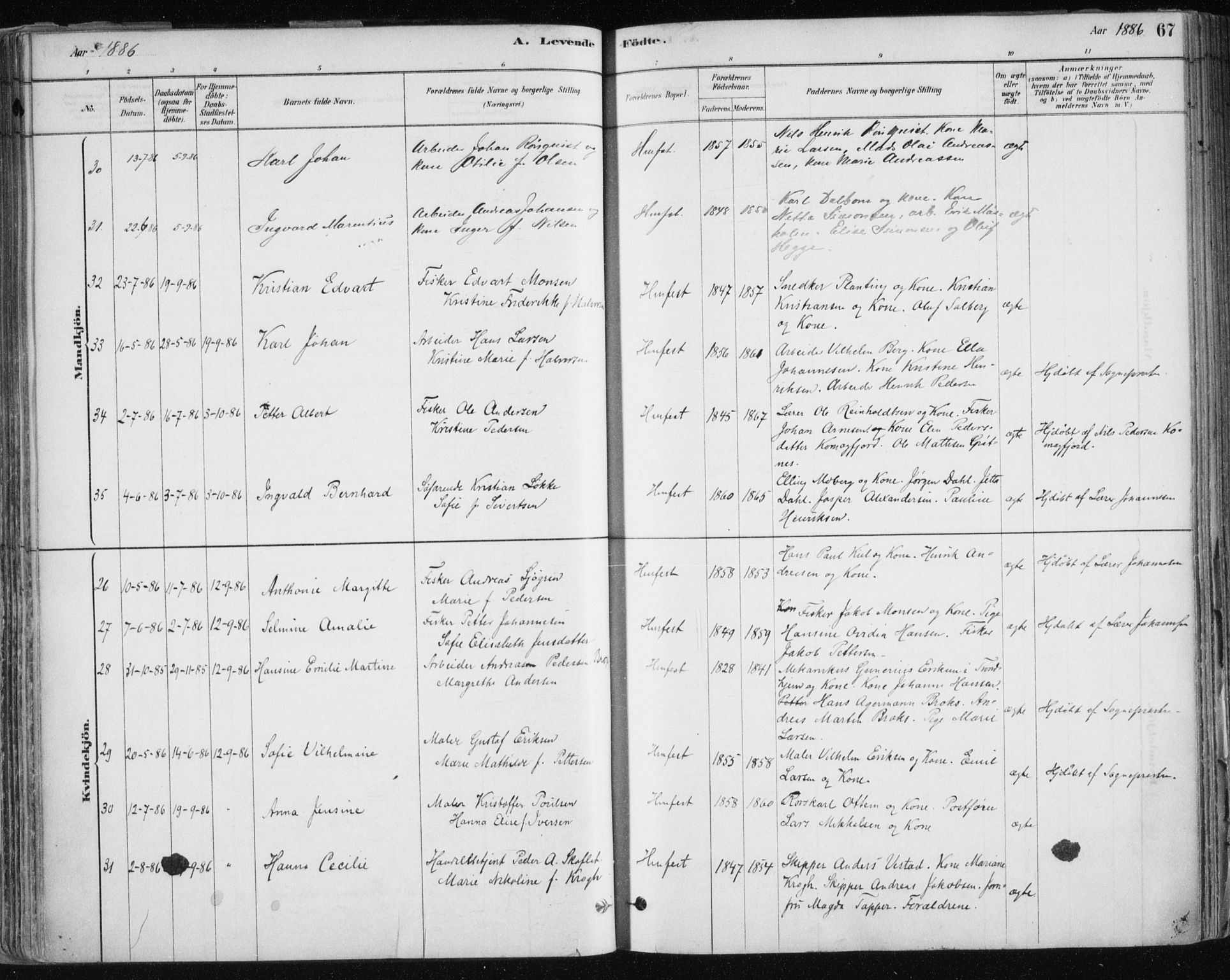 Hammerfest sokneprestkontor, AV/SATØ-S-1347/H/Ha/L0008.kirke: Parish register (official) no. 8, 1878-1889, p. 67