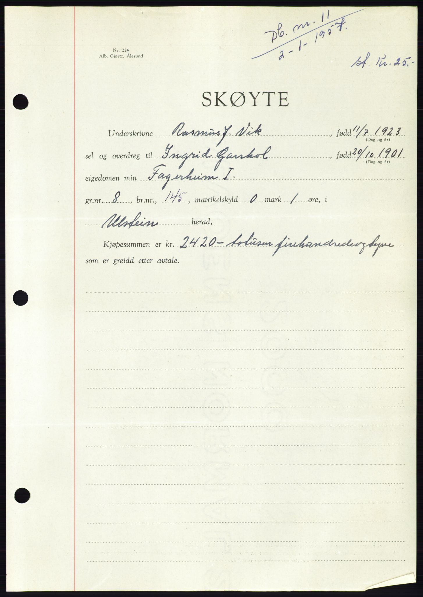 Søre Sunnmøre sorenskriveri, AV/SAT-A-4122/1/2/2C/L0105: Mortgage book no. 31A, 1956-1957, Diary no: : 11/1957