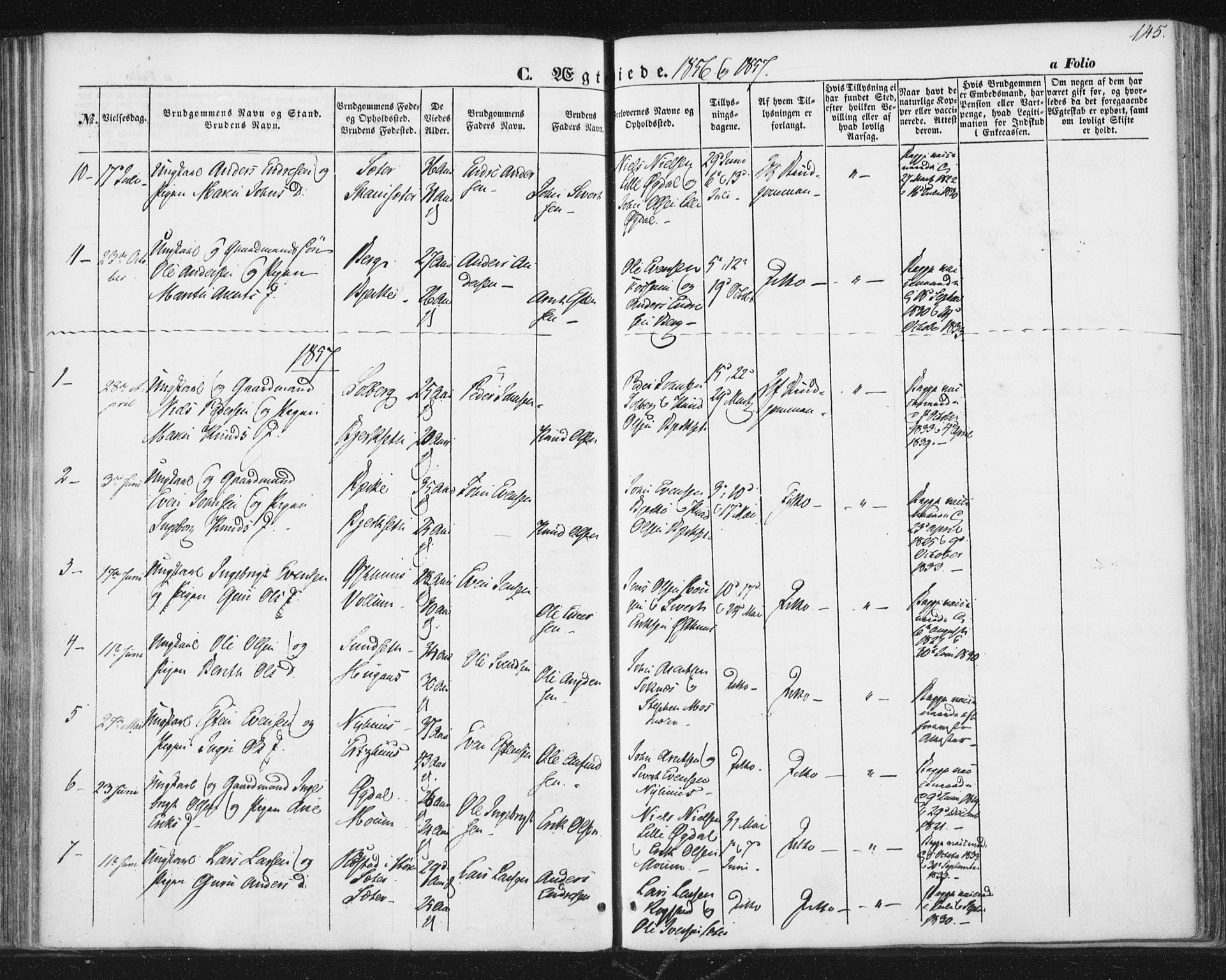 Ministerialprotokoller, klokkerbøker og fødselsregistre - Sør-Trøndelag, SAT/A-1456/689/L1038: Parish register (official) no. 689A03, 1848-1872, p. 145