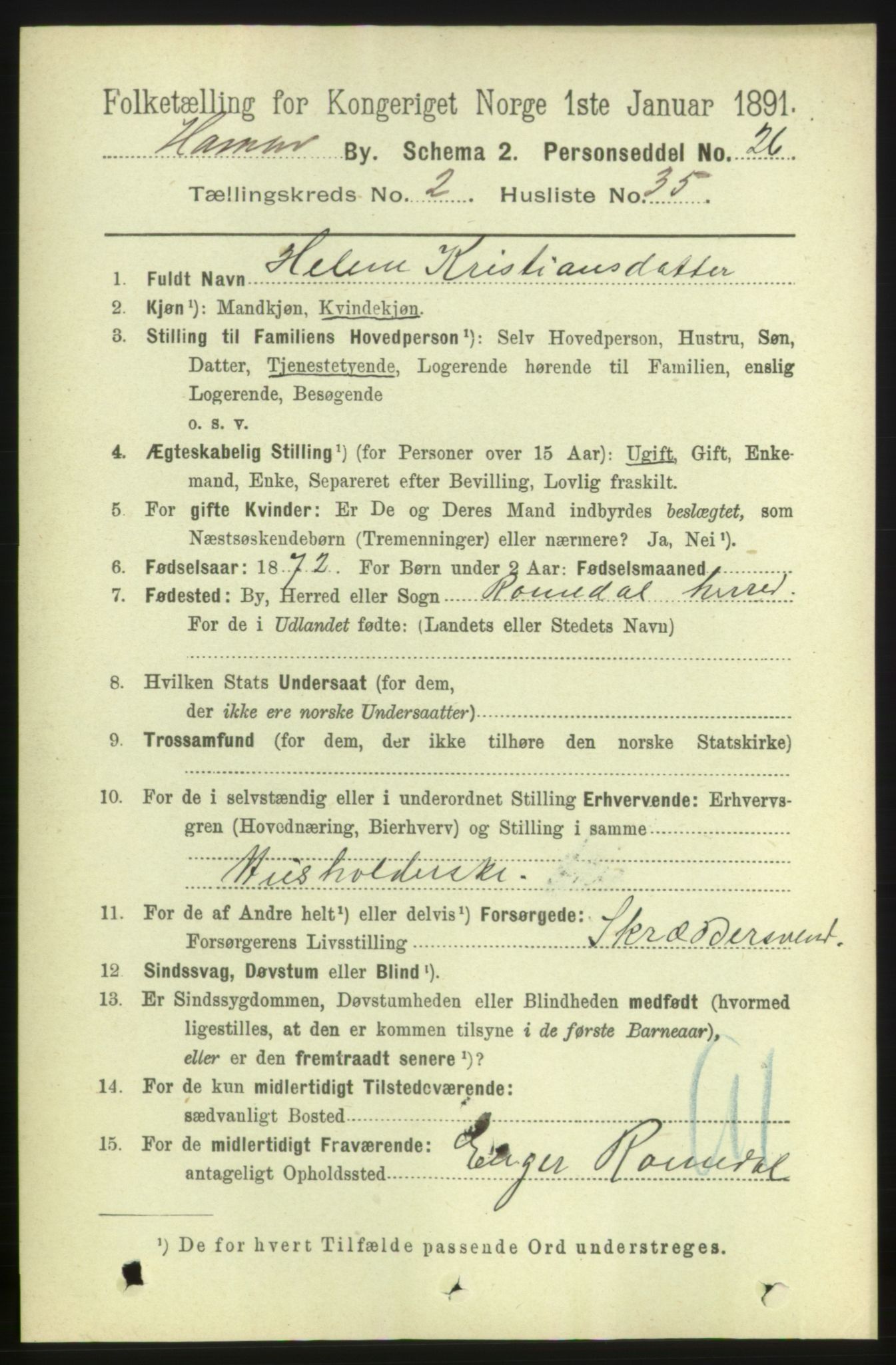 RA, 1891 census for 0401 Hamar, 1891, p. 1491