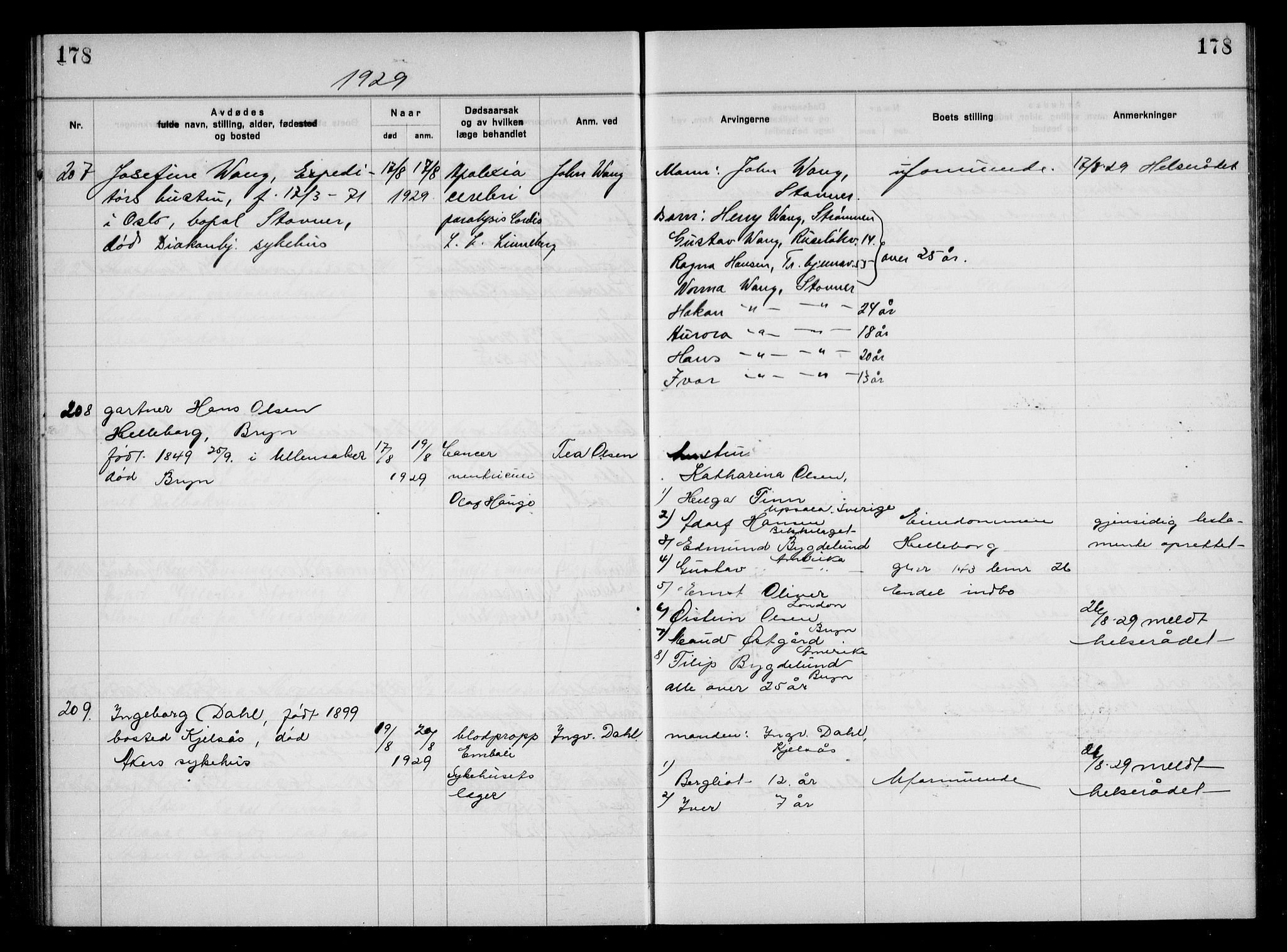 Aker kriminaldommer, skifte- og auksjonsforvalterembete, AV/SAO-A-10452/H/Hb/Hba/Hbac/L0002: Dødsfallsprotokoll for Østre Aker, 1927-1931, p. 178