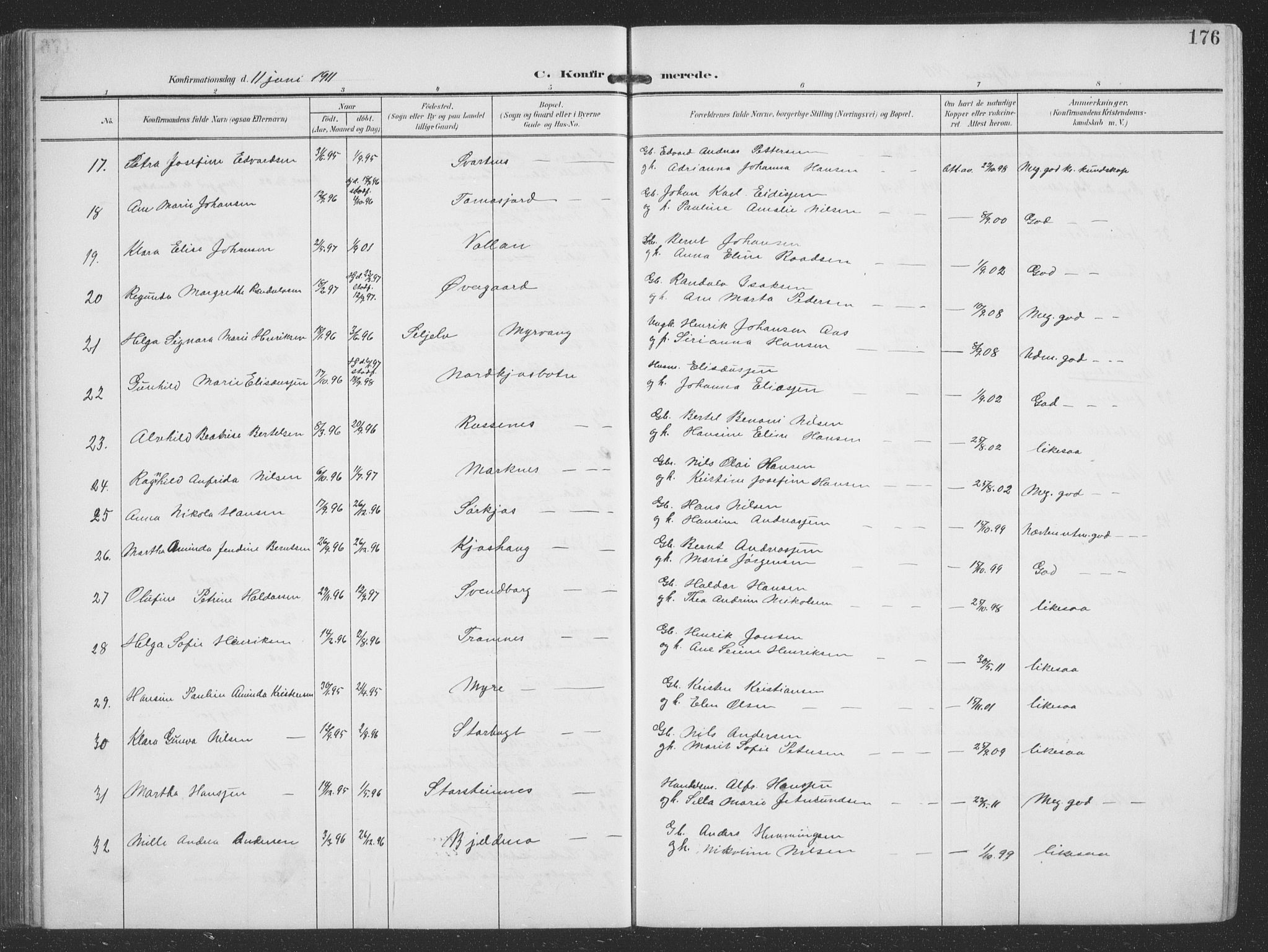 Balsfjord sokneprestembete, AV/SATØ-S-1303/G/Gab/L0009klokker: Parish register (copy) no. 9, 1906-1920, p. 176