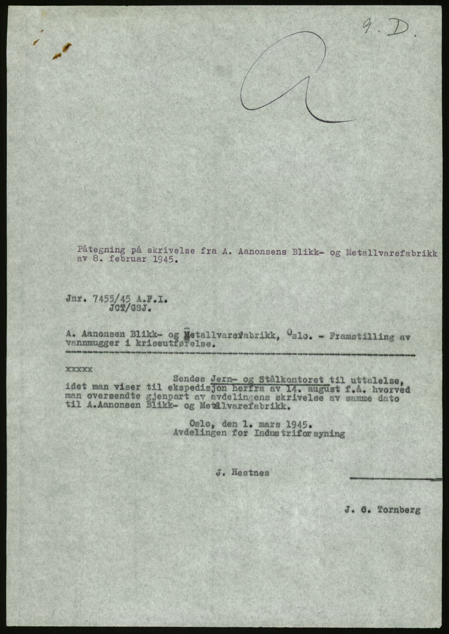 Direktoratet for industriforsyning, Sekretariatet, AV/RA-S-4153/D/Df/L0054: 9. Metallkontoret, 1940-1945, p. 357