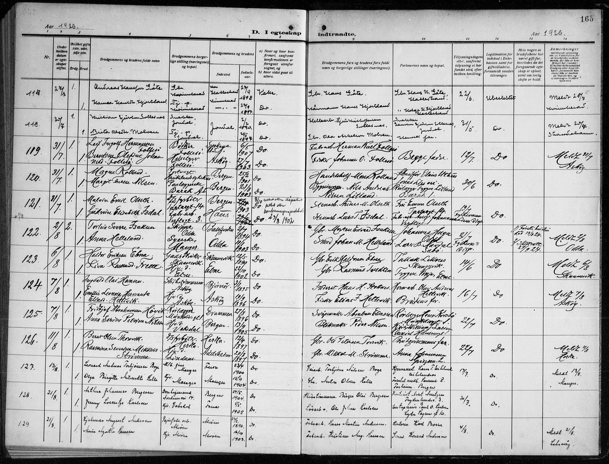 Nykirken Sokneprestembete, SAB/A-77101/H/Haa/L0037: Parish register (official) no. D 7, 1918-1926, p. 165