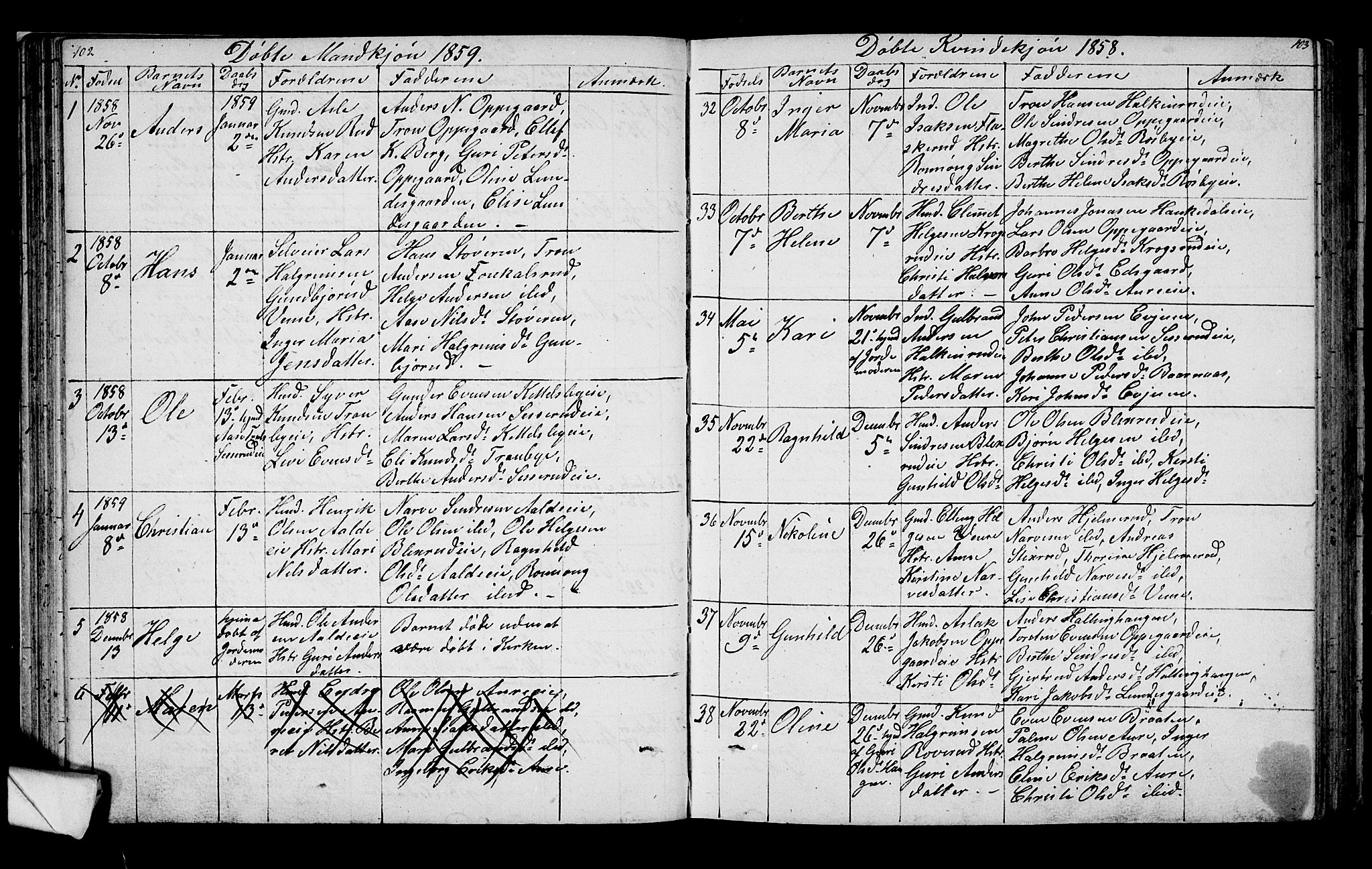 Lunder kirkebøker, SAKO/A-629/G/Ga/L0002: Parish register (copy) no. I 2, 1849-1868, p. 102-103