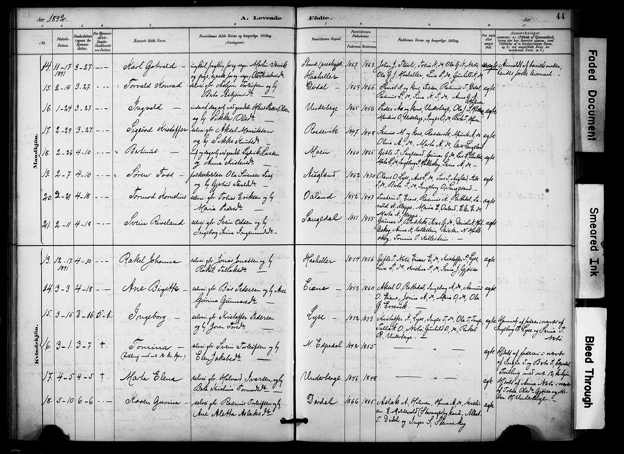 Høgsfjord sokneprestkontor, SAST/A-101624/H/Ha/Haa/L0006: Parish register (official) no. A 6, 1885-1897, p. 44