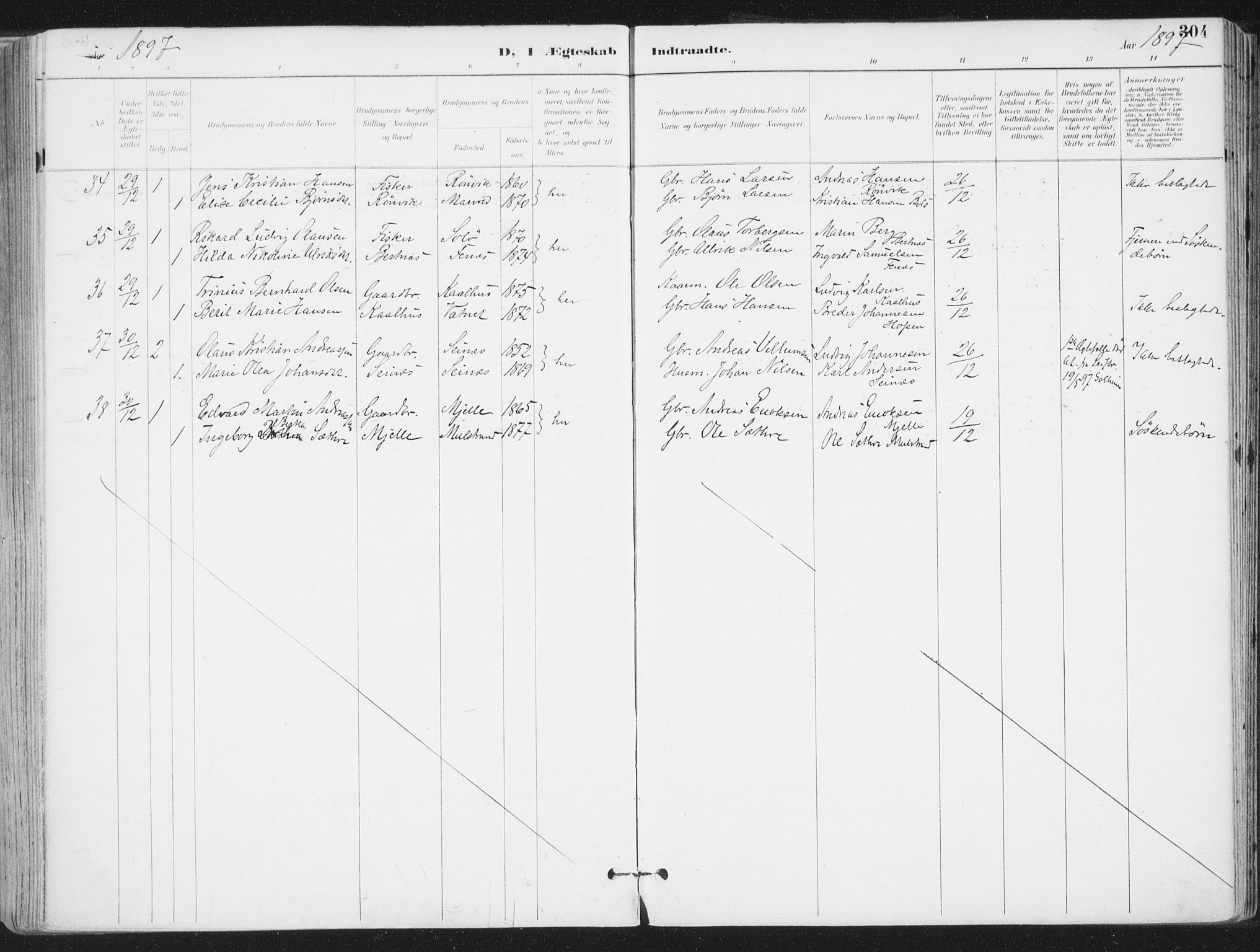 Ministerialprotokoller, klokkerbøker og fødselsregistre - Nordland, SAT/A-1459/802/L0055: Parish register (official) no. 802A02, 1894-1915, p. 304