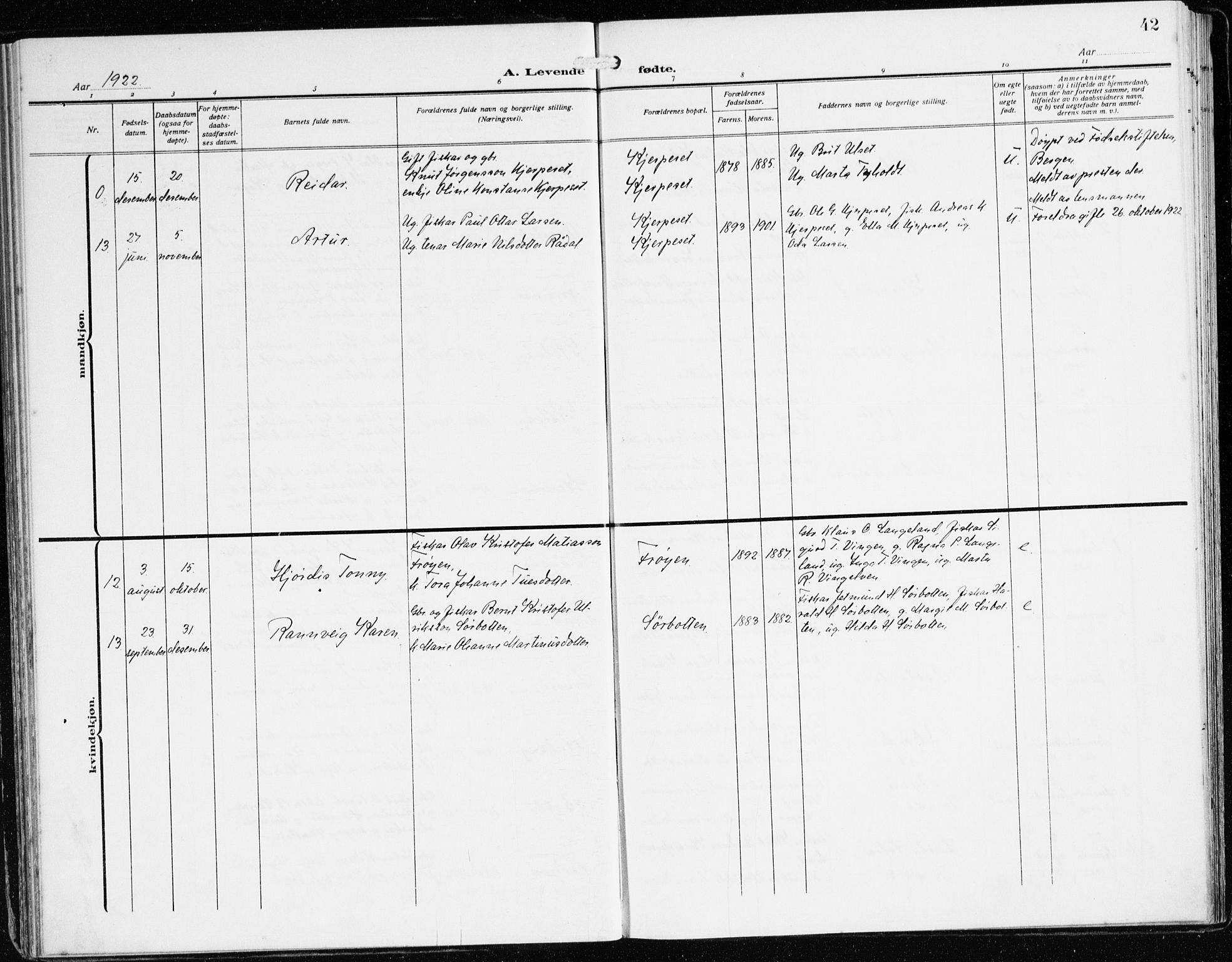 Bremanger sokneprestembete, SAB/A-82201/H/Haa/Haab/L0003: Parish register (official) no. B 3, 1908-1925, p. 42