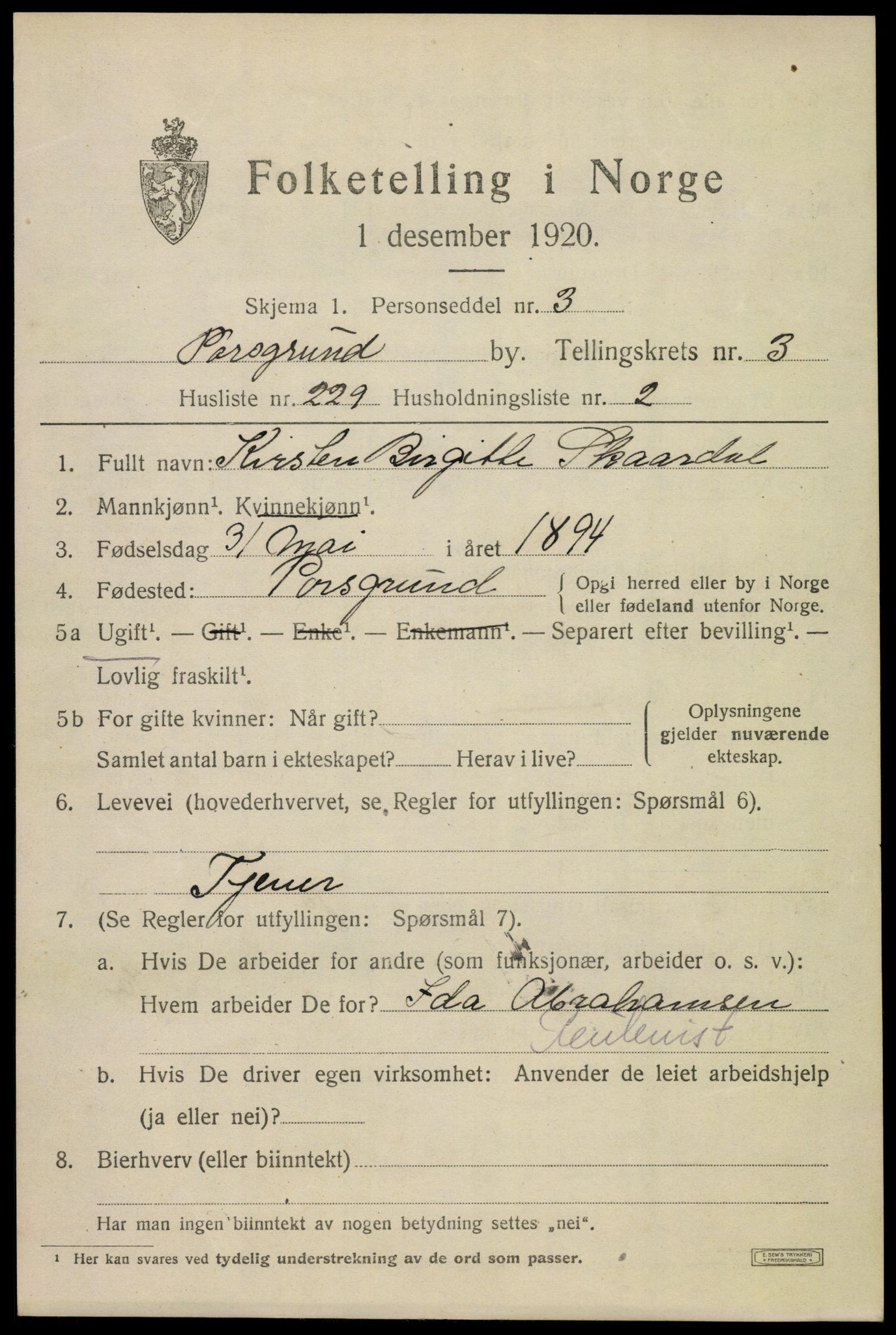 SAKO, 1920 census for Porsgrunn, 1920, p. 17325