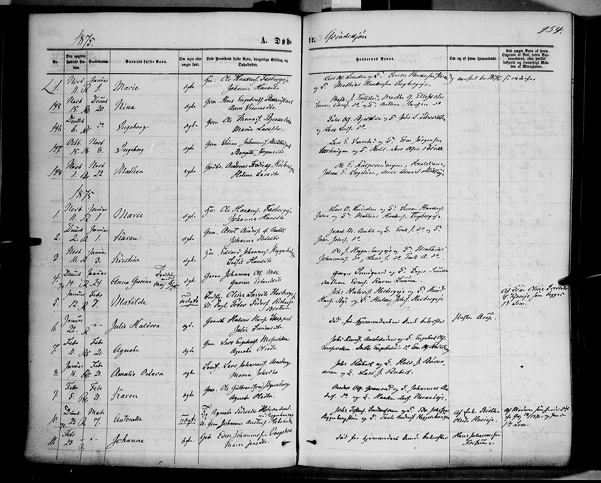 Ringsaker prestekontor, AV/SAH-PREST-014/K/Ka/L0011: Parish register (official) no. 11, 1870-1878, p. 154